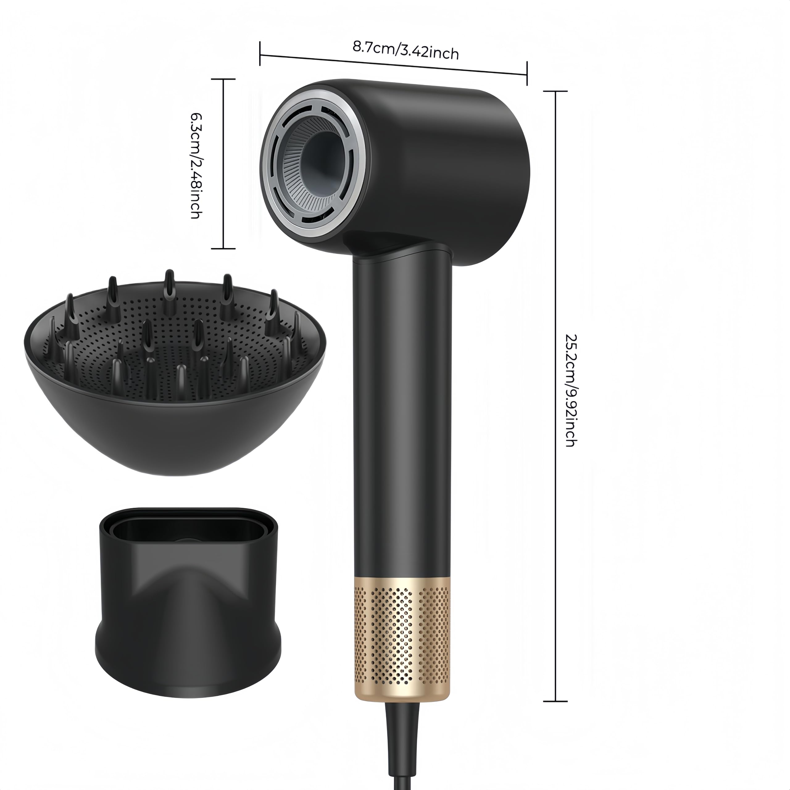 Pro Secador de Pelo con Difusor 110.000 U/min de Alta Velocidad 150 Millones Iones Profesional Conjunto de Secador Pelo con Concentrador Boquilla y Difusor, 1600W, Negro/Oro