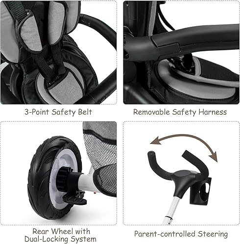 Miniatura 8 de BABY JOY Triciciclo bicicleta plegable 7 en 1 para niños pequeños con mango de empuje extraíble asiento giratorio toldo ajustable arnés de seguridad