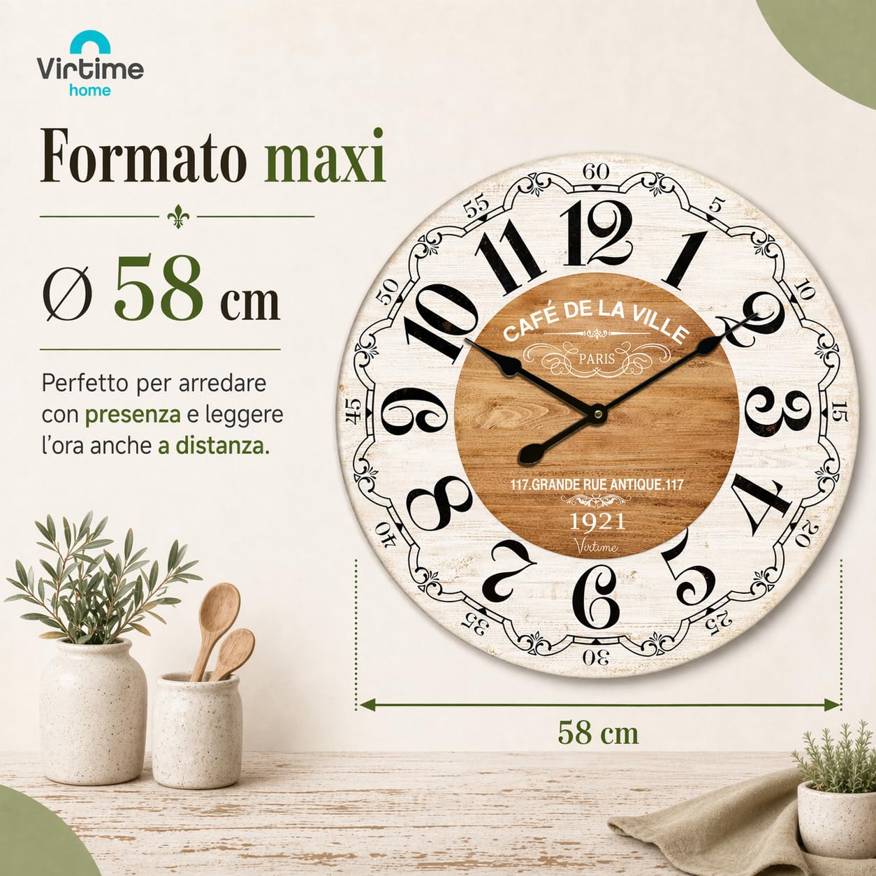 Orologio da parete grande 58 cm effetto legno – Design shabby chic stile francese, numeri grandi ben visibili, movimento silenzioso al quarzo, decorazione casa soggiorno cucina ufficio (Bianco)