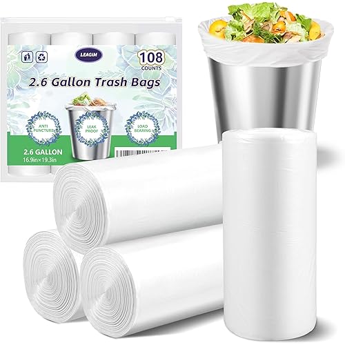Small Trash Bags 2.6 Gallon-108 Count Leakage-Proof Strong, Small Mini Garbage Bags for Bathroom, Bedroom, Office, White Small Trash Can Liners