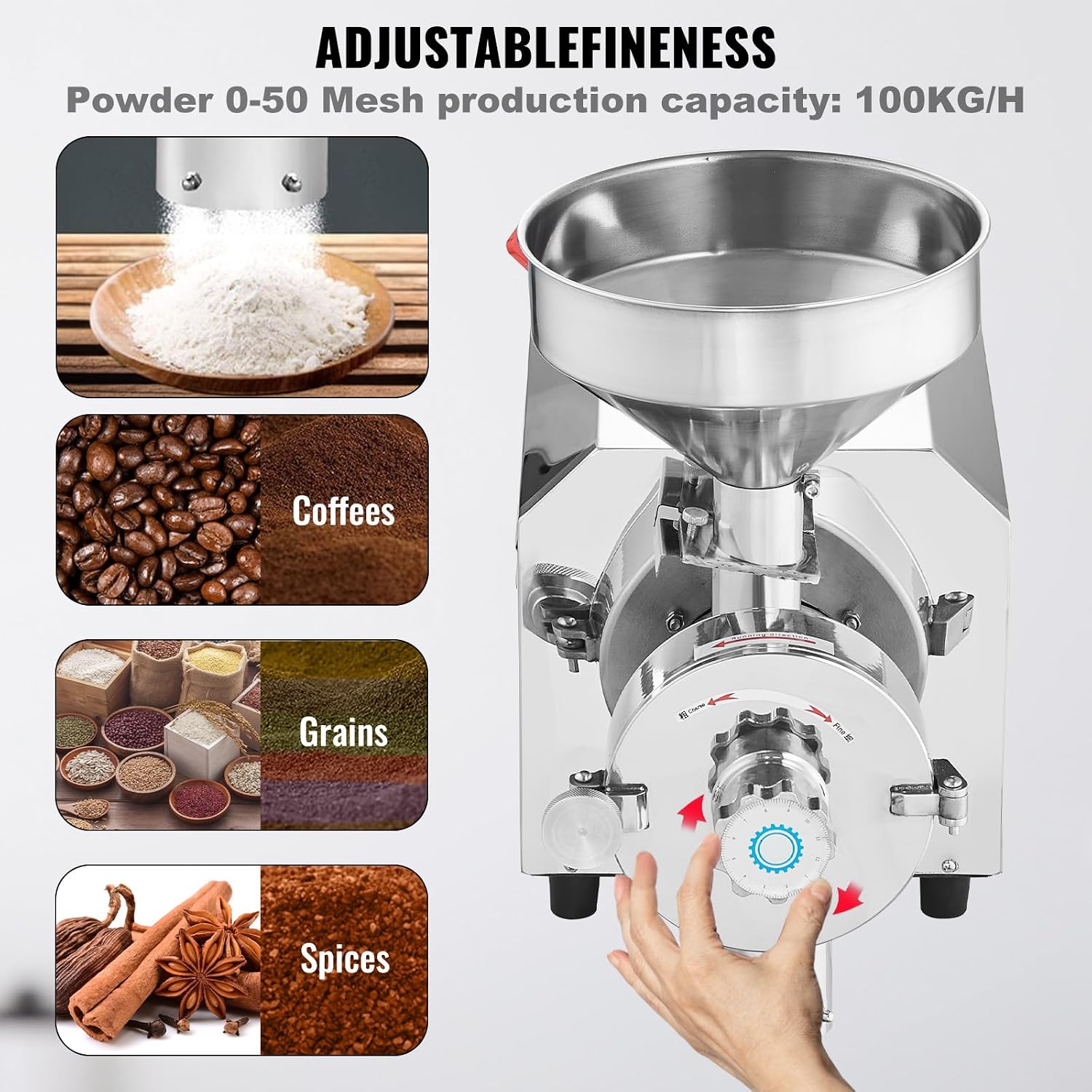 VEVOR Soybean Grinder Commercial Grinding Machine for Spices 3000W Corn Mill Grinder 100 KG/H Stainless Steel Industrial Flour Milling Machine for Pepper Soybean Peanut Corn Grains