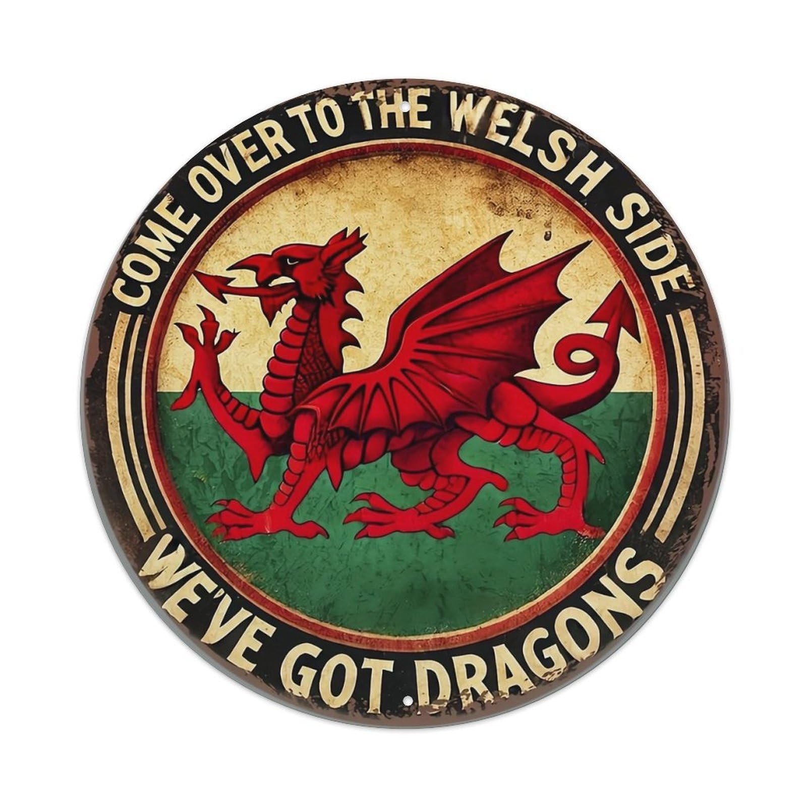 Red Dragon On Welsh Flag Retro Metal Tin Sign, Vintage Metal Poster for home, Gaming Room, Studio Workshop,Bar,Garage Wall Art Decor 8x8 inch