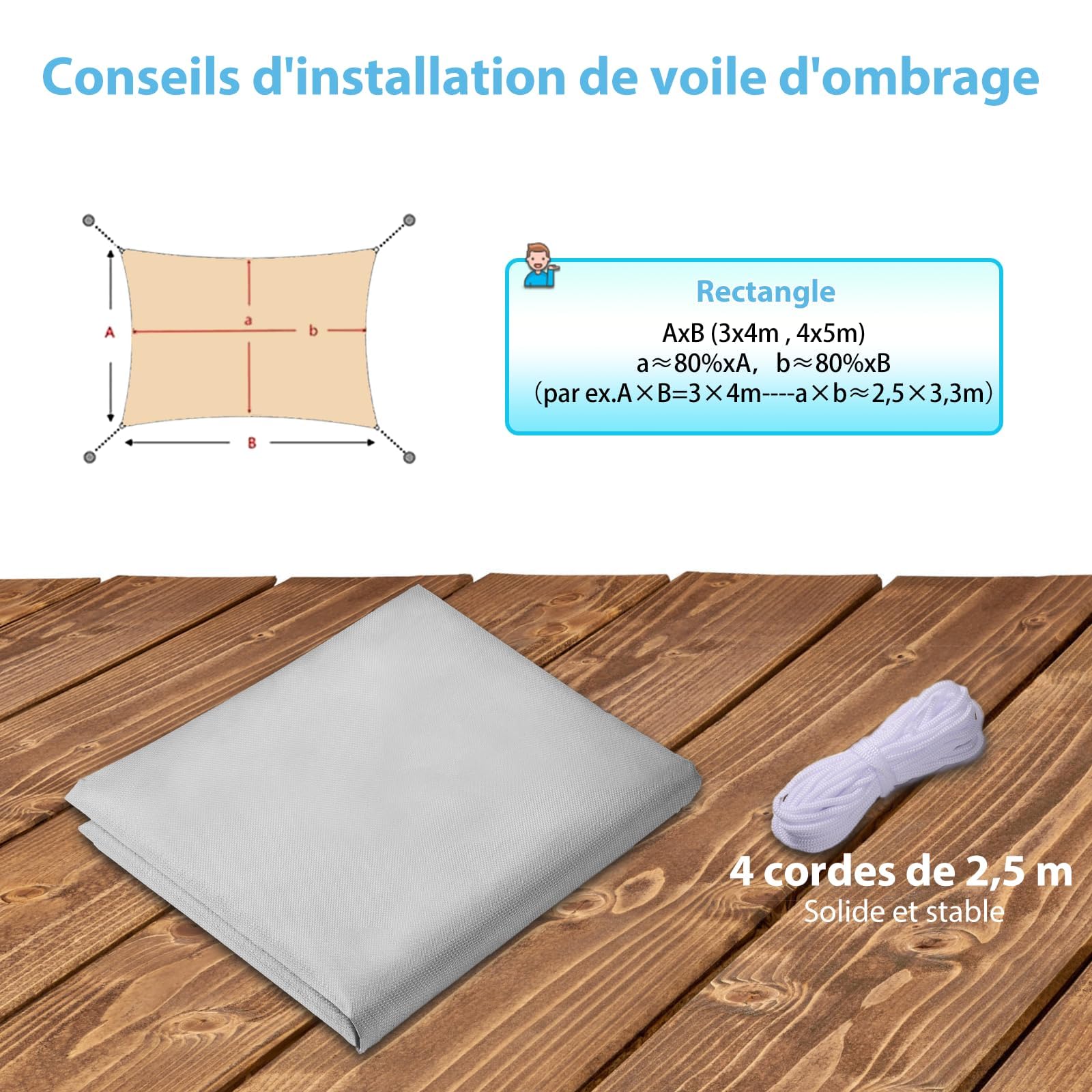 Voile d’ombrage Imperméable & Anti-UV 3x4m, Auvent de Terrasse en Tissu Oxford 420D Épais, Résistant aux Intempéries pour Jardin et Terrasse