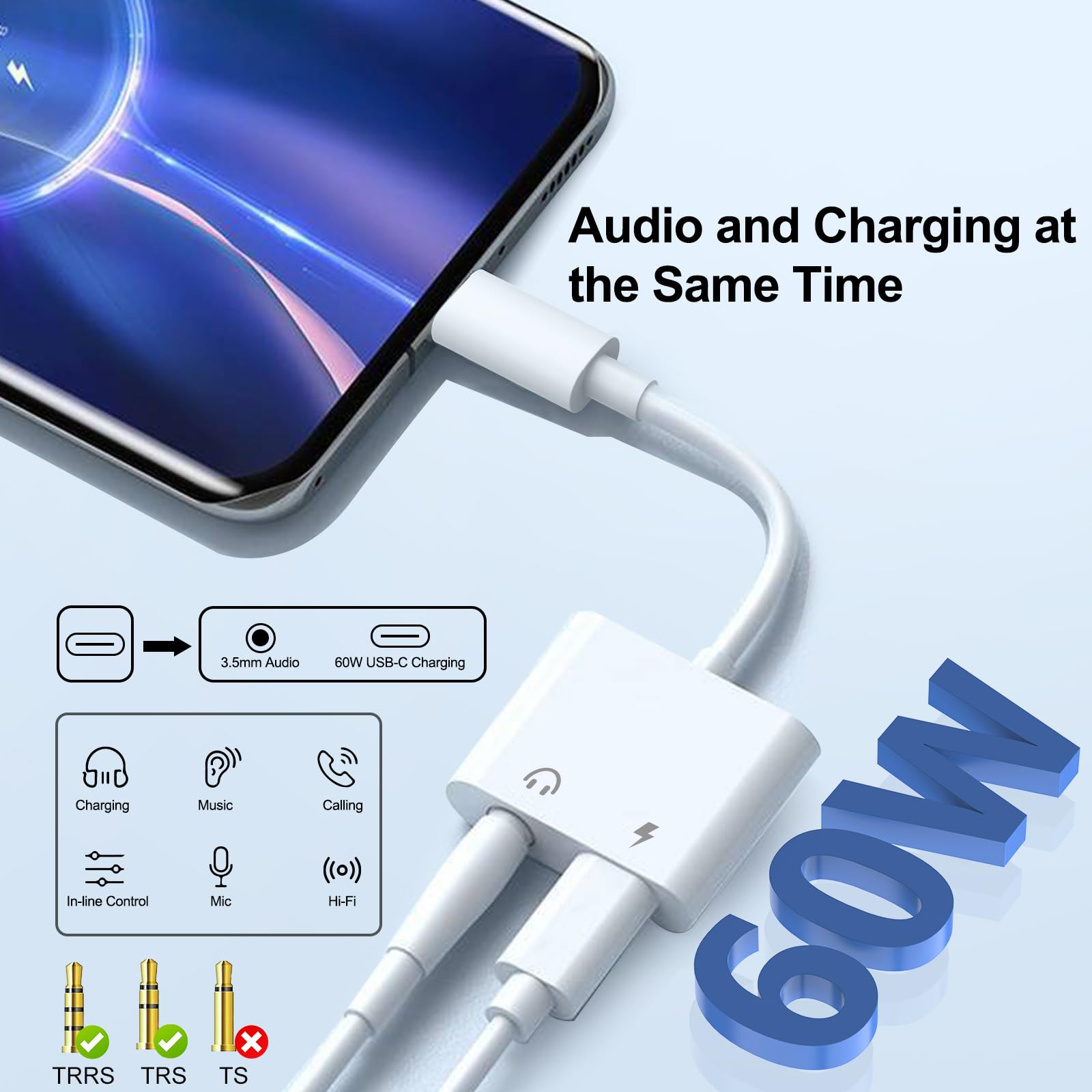 Adaptateur USB C vers Jack 3.5mm avec Charge Rapide 60W, Hi-Res Adaptateur Casque USB-C Compatible avec iPhone 16/15 Pro Max Samsung Galaxy S24/S23/S22/S21 Ultra iPad Pro Pixel