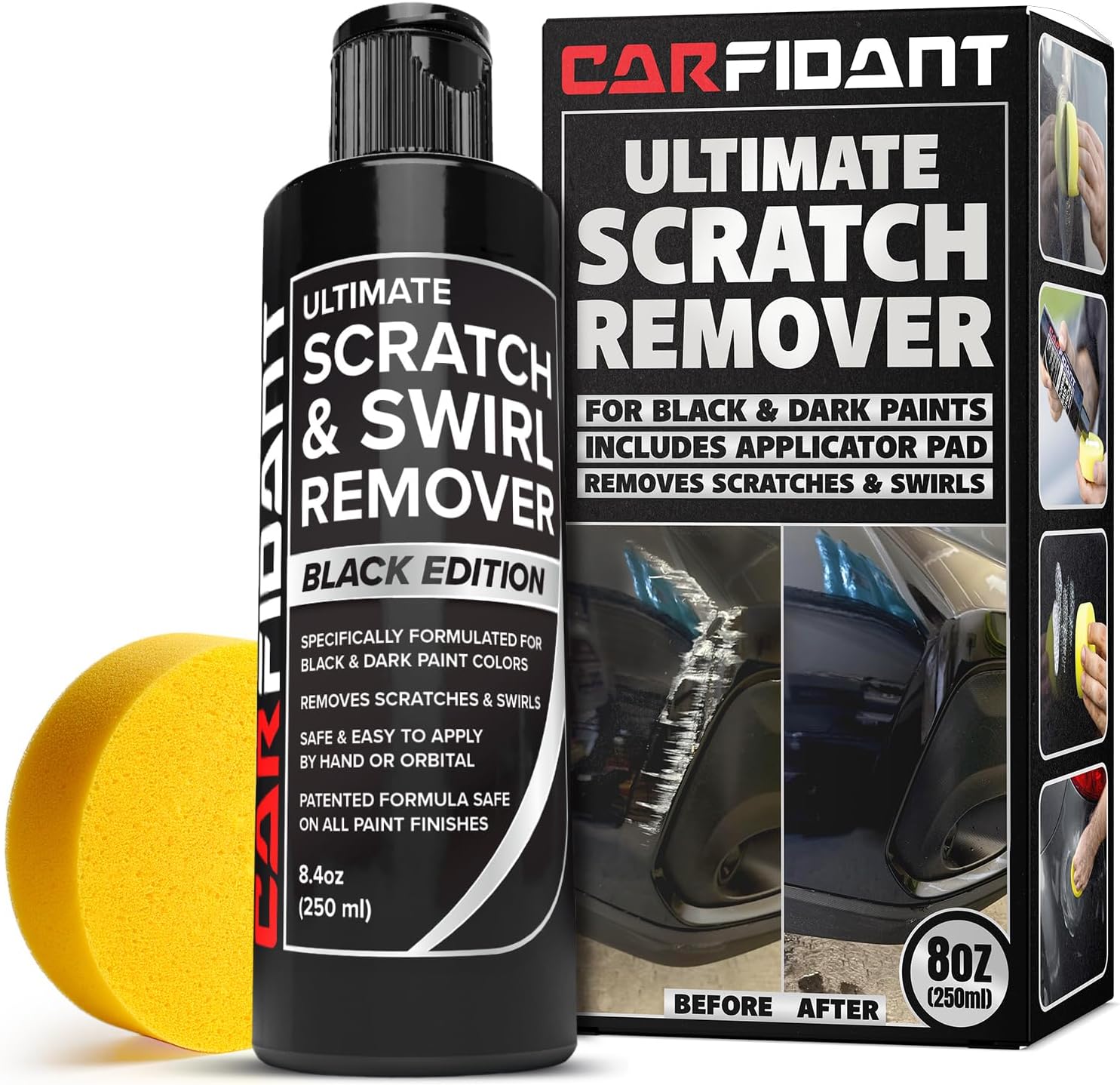 A bottle of Carfidant Black Car Scratch Remover for deep scratches.