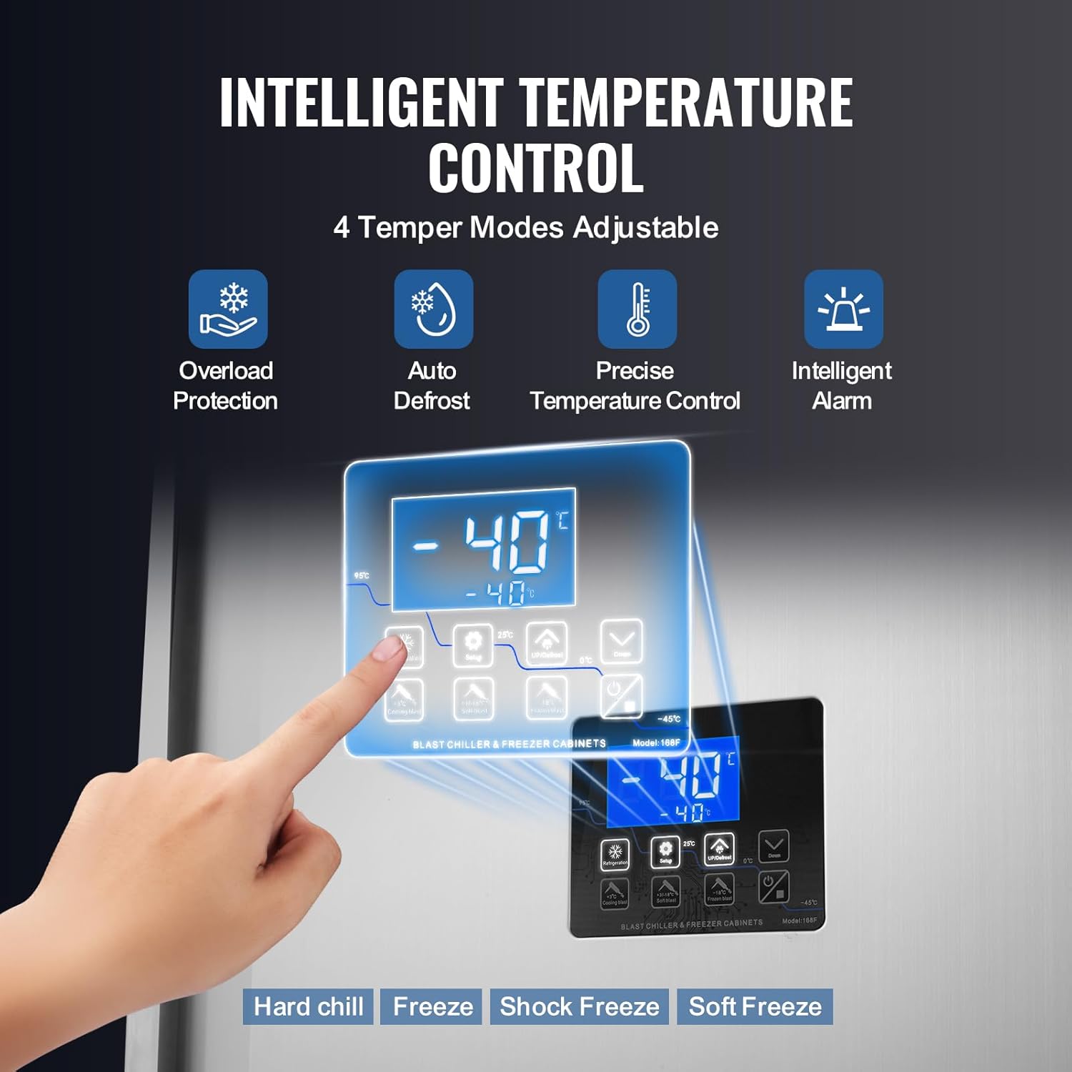 Close-up of the intelligent temperature control panel with buttons for different modes: Hard Chill, Freeze, Shock Freeze, Soft Freeze.