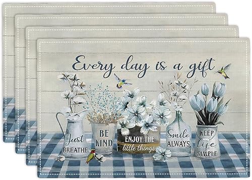 Juego de 4 manteles individuales de flores de primavera de granja de todos los días es un regalo, manteles individuales rústicos florales de doble
