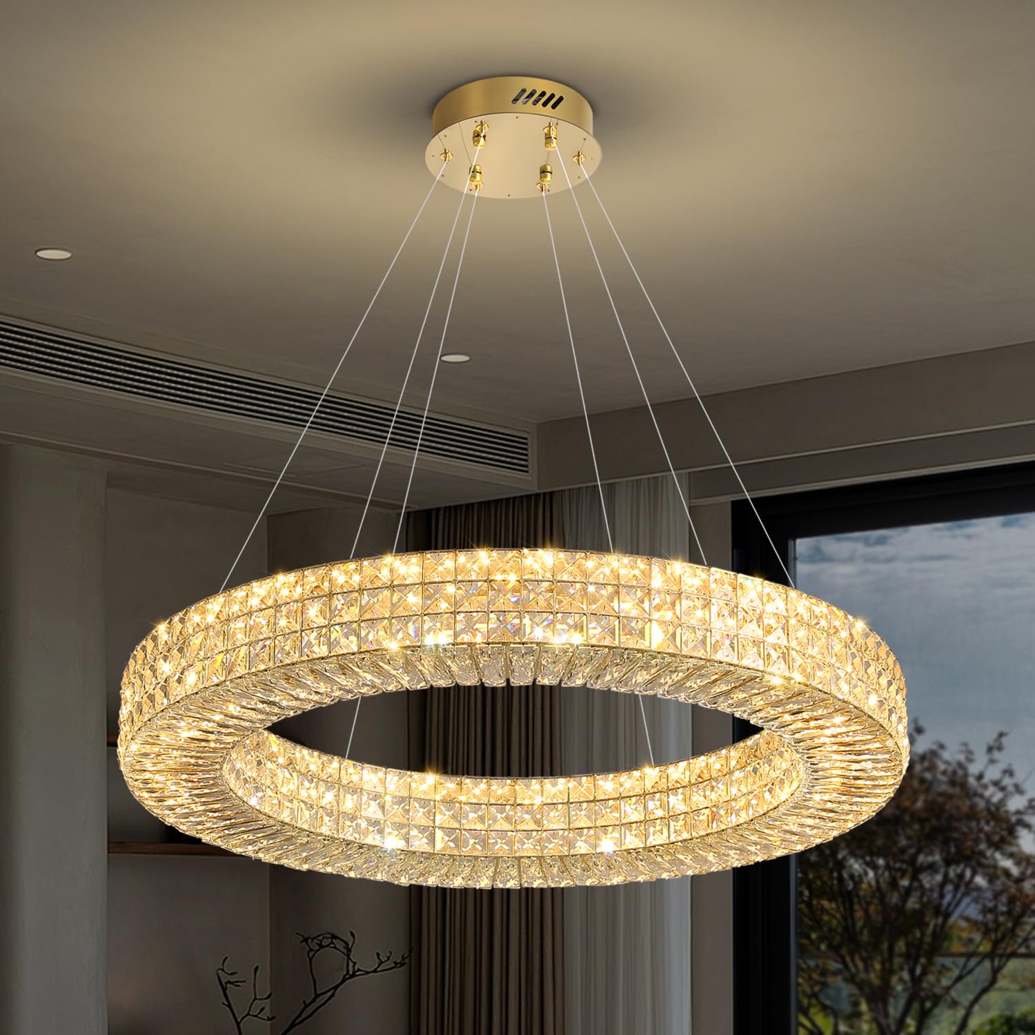 ykolupty Dia 32" Ring Crystal Chandelier Modern Gold Chandelier Adjustable Height Luxury Crystal Pendant Ceiling Light Fixture for Dining Living Room