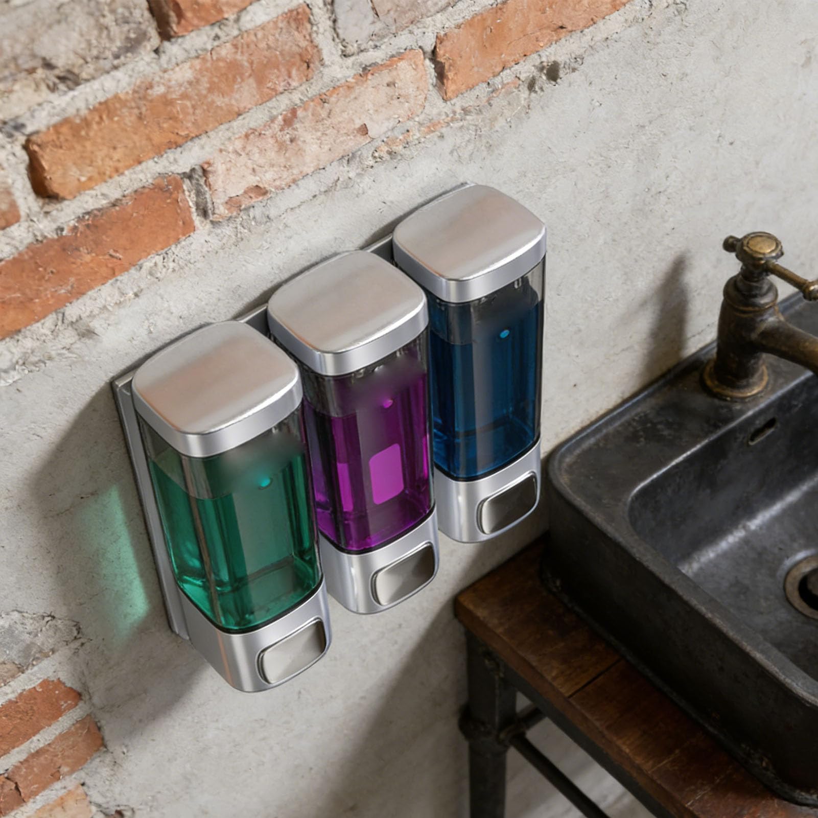 Headerbs Dispenser per Shampoo a Parete, Dispenser per Sapone Liquido a Tripla Camera in ABS 320 Ml X 3 Bottiglie Trasparenti Ricaricabili con Pulsante Manuale con Serratura per Bagno, Doccia