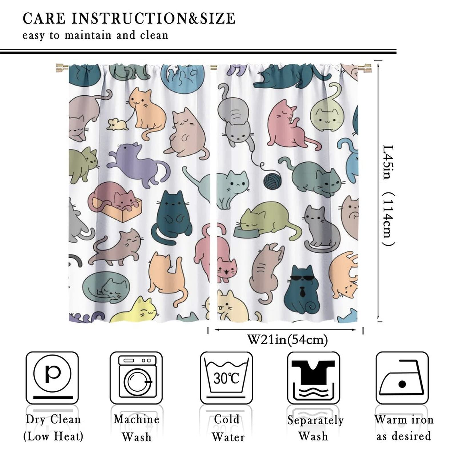 INSFBRB Cartoon Cat Rod Pocket Blackout Curtains for Living Room,Noise Reduction Abstract Colorful Lovely Animals Cat Theme Bedroom Curtains,2 Panels 45L x 21W