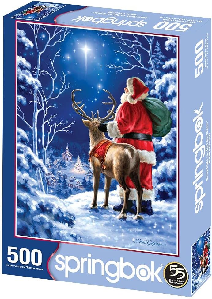 Springbok Starry Night 500 piece Jigsaw Puzzle for Adults features Santa Clause and his reindeer gazing upon the north star on a perfect snowcovered evening