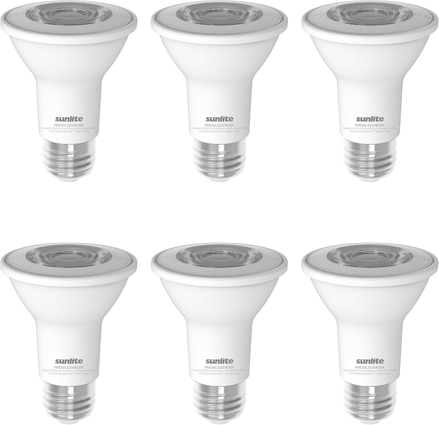 Sunlite LED PAR20 Light Bulb, 6 Watt (50W Halogen EQ), 500 Lumens, 35° Flood Beam, Medium E26 Base, 90 CRI, Dimmable, Title-20/24/CEC Compliant, 120V, ETL Listed, 2700K Soft White, 6 Count