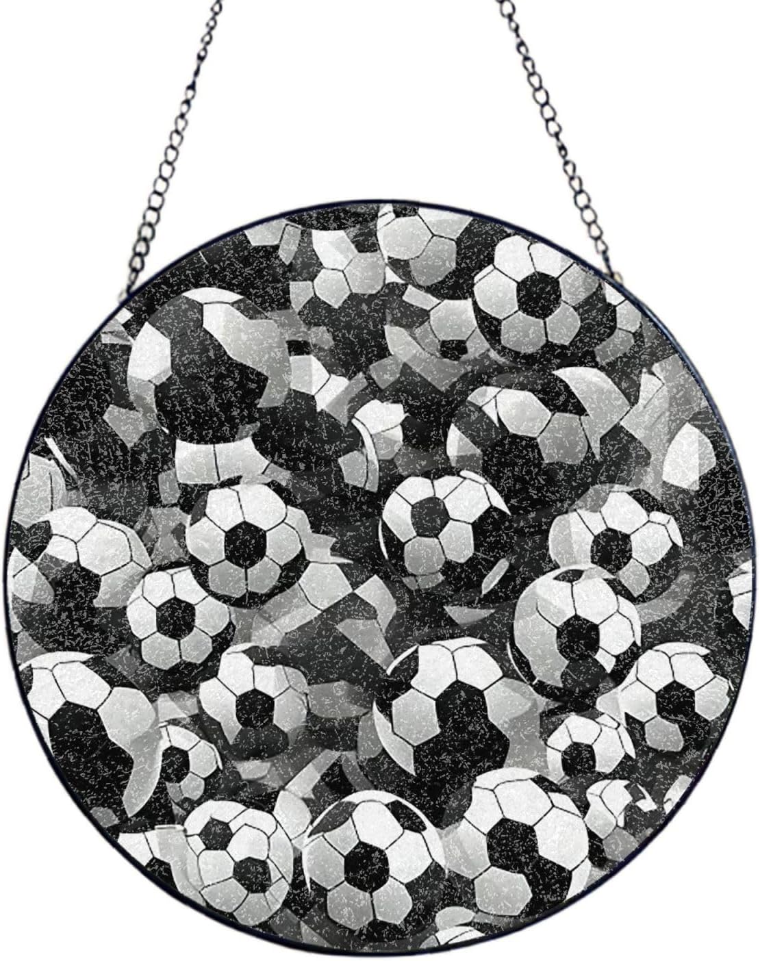 Stained Glass Window Hanging 10in Window Suncatcher Glass Panel with Metal Chain Black and White Soccer Ball Pattern Sun Catchers Wall Art Home Decor Gift for Women Mother's Day