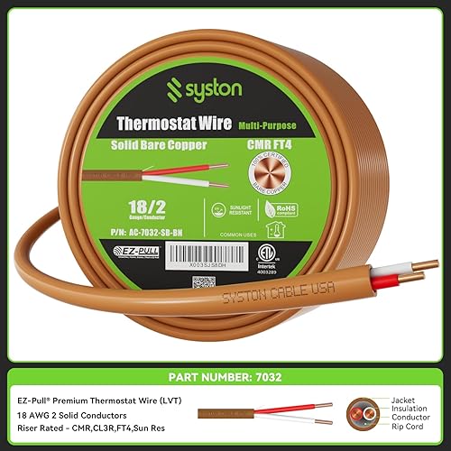Miniatura 2 de Syston - Cable de control de calefacción HAVC para timbre de puerta 182, 18 AWG 2 conductores de cobre 100% sólido CL3RFT4CMR, resistente a los