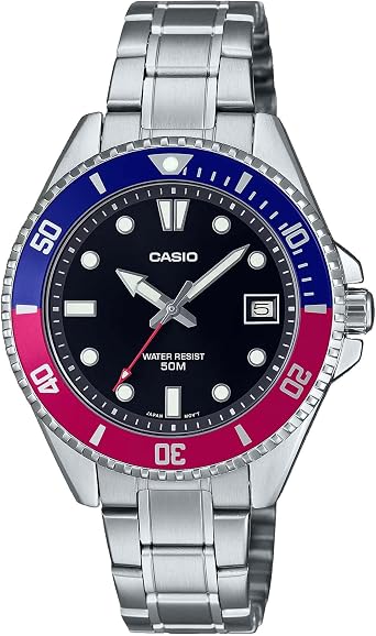 Casio MDV10D-1A3V Uni Dive Style 38mm Stainless Steel Black Dial Sport Watch Red/Blue, Black, Classic