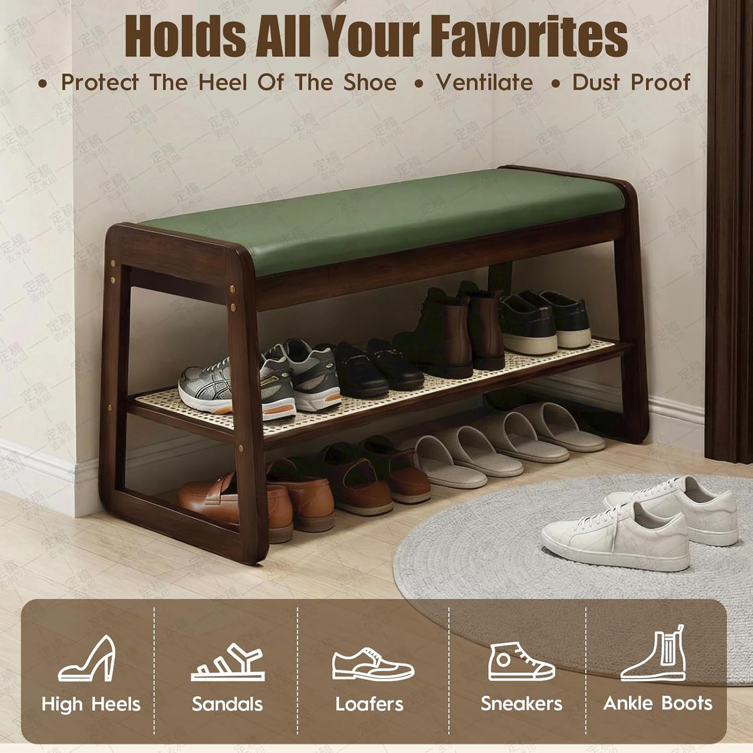 Shoe Bench Bamboo 2 Tier 27.6'' Entryway Bench with Cushion and Flip-Open Storage Box Shoe Rack Organizer for Entryway, Hallway, Closet, Front Door Entrance, Foyer (Green)