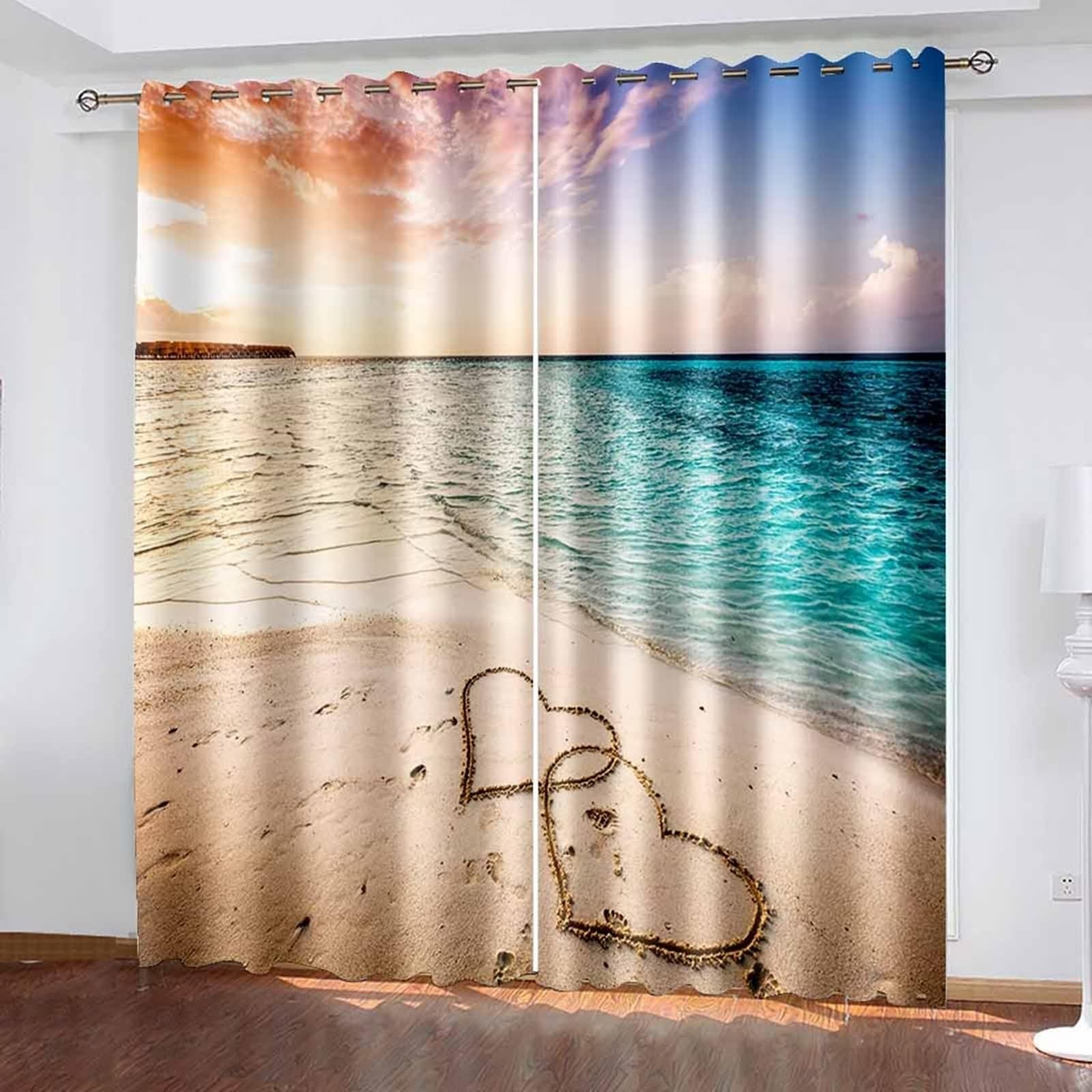 Poliestrowa zasłona zaciemniająca, niebiesko-beżowa zasłona urodzinowa z przeplatanym sercem 137 l x 214 cm, zestaw 2 szt