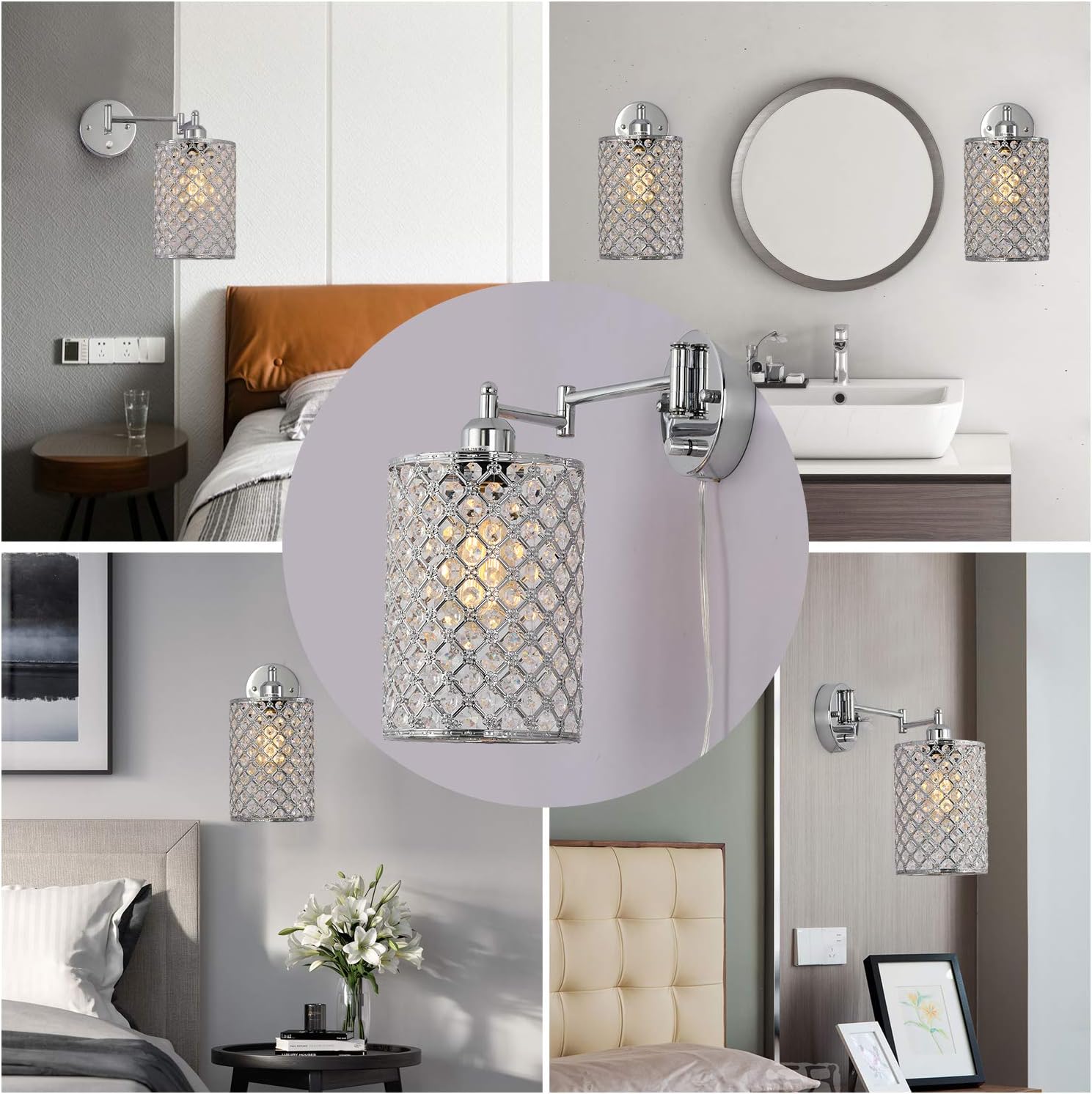 Amazon Crazy 🔥 Deals Kingmi Dimmable Crystal Industrial Swing Arm Wall Sconce Plug-in Wall Light On/Off Rotary Switch on backplates 4.9-Foot Clear Cord