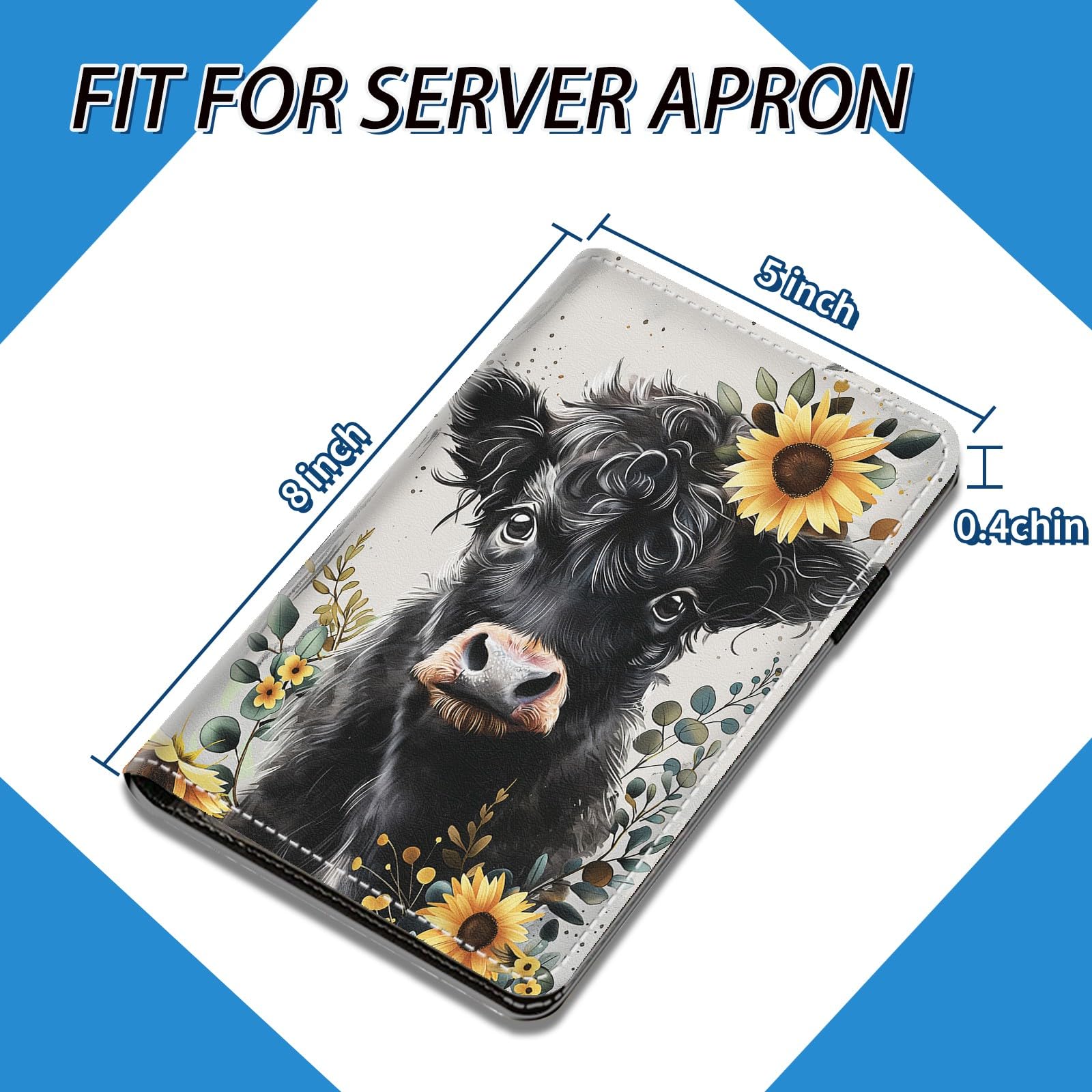 NLZQTTBD Server Books for Waitress Cute Waitress Book PU Leather Server Book with Zipper Wallet Black Serving Book Organizer Fit Server Apron,Cute Baby Highland Cow