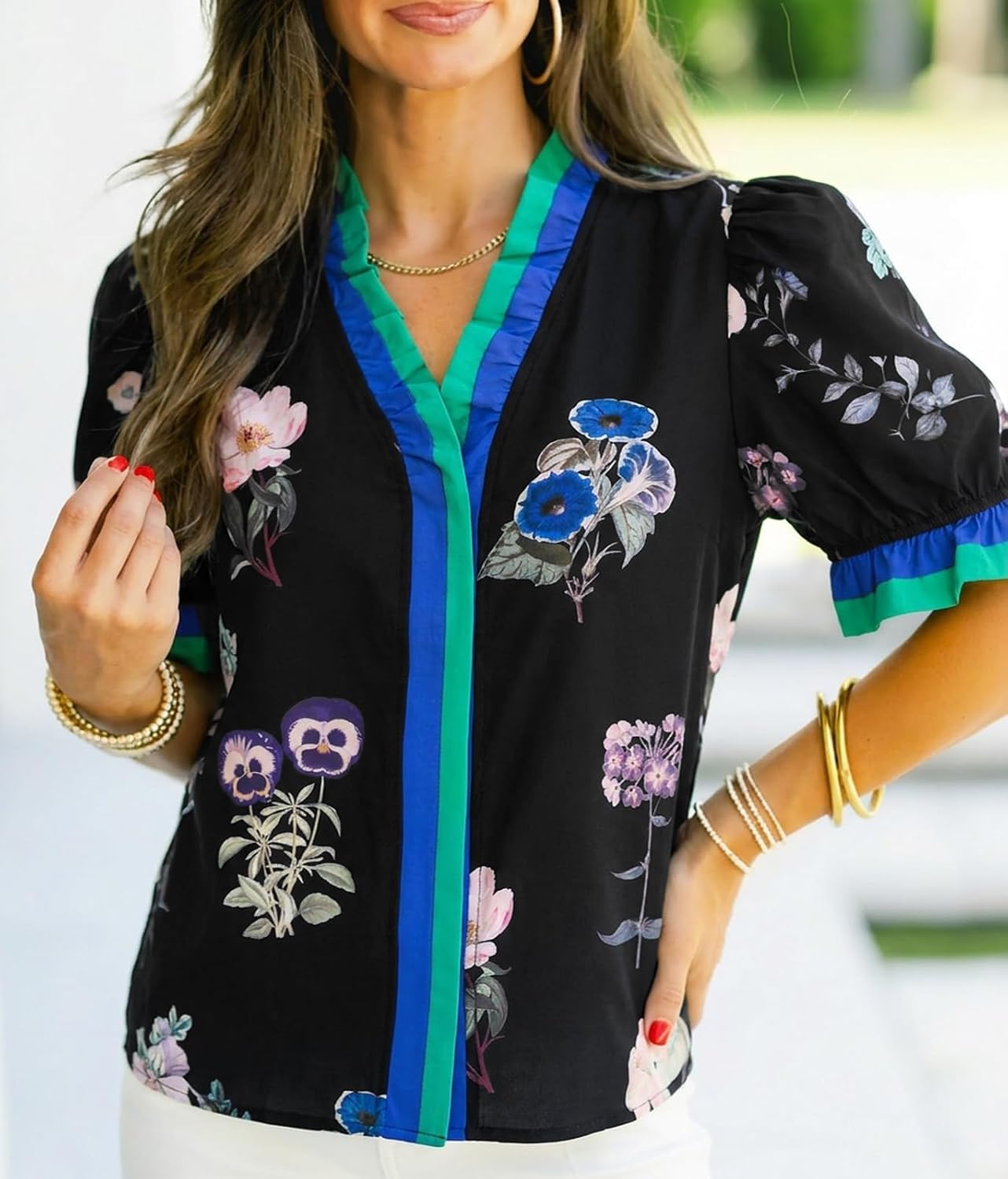 Cicy Bell Womens Summer Floral Print Tops Casual Puff Short Sleeve Ruffle V Neck Button Down Shirts Patchwork Boho Blouses thumbnail