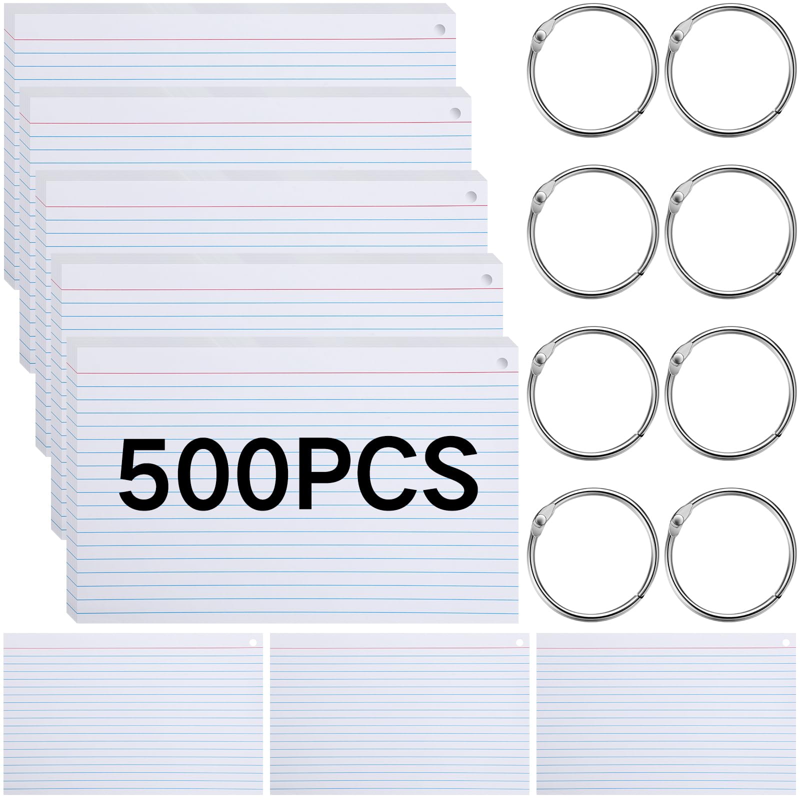Karteikarten mit Löchern, gelocht, liniert, mit Ringen, Metallringe für Karteikarten, liniert, Einzelloch, Notizkarten mit Ringen für Erwachsene, Kinder, Zuhause, Klassenzimmer, Büro, Weiß, 12,7 x