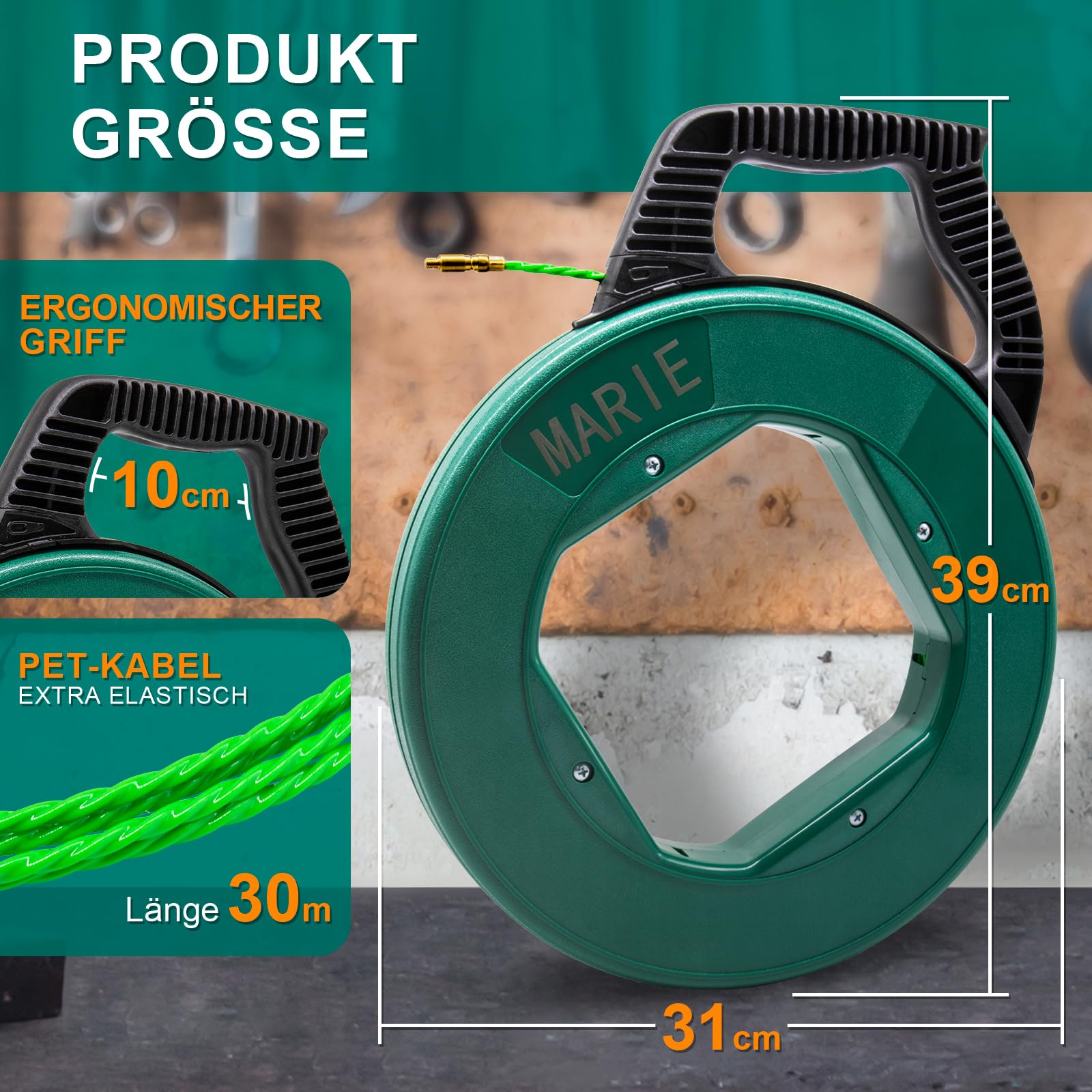 Kabeleinziehhilfe 30m - MARIE Kabeleinzugshilfe mit 4.5mm PET inkl. 6 Adapter - Langlebige Kabel Kabelziehhilfe für Elektroarbeiten - Einziehspirale mit Einziehfeder Bruchsicher zum Ziehen Dunkelgrün