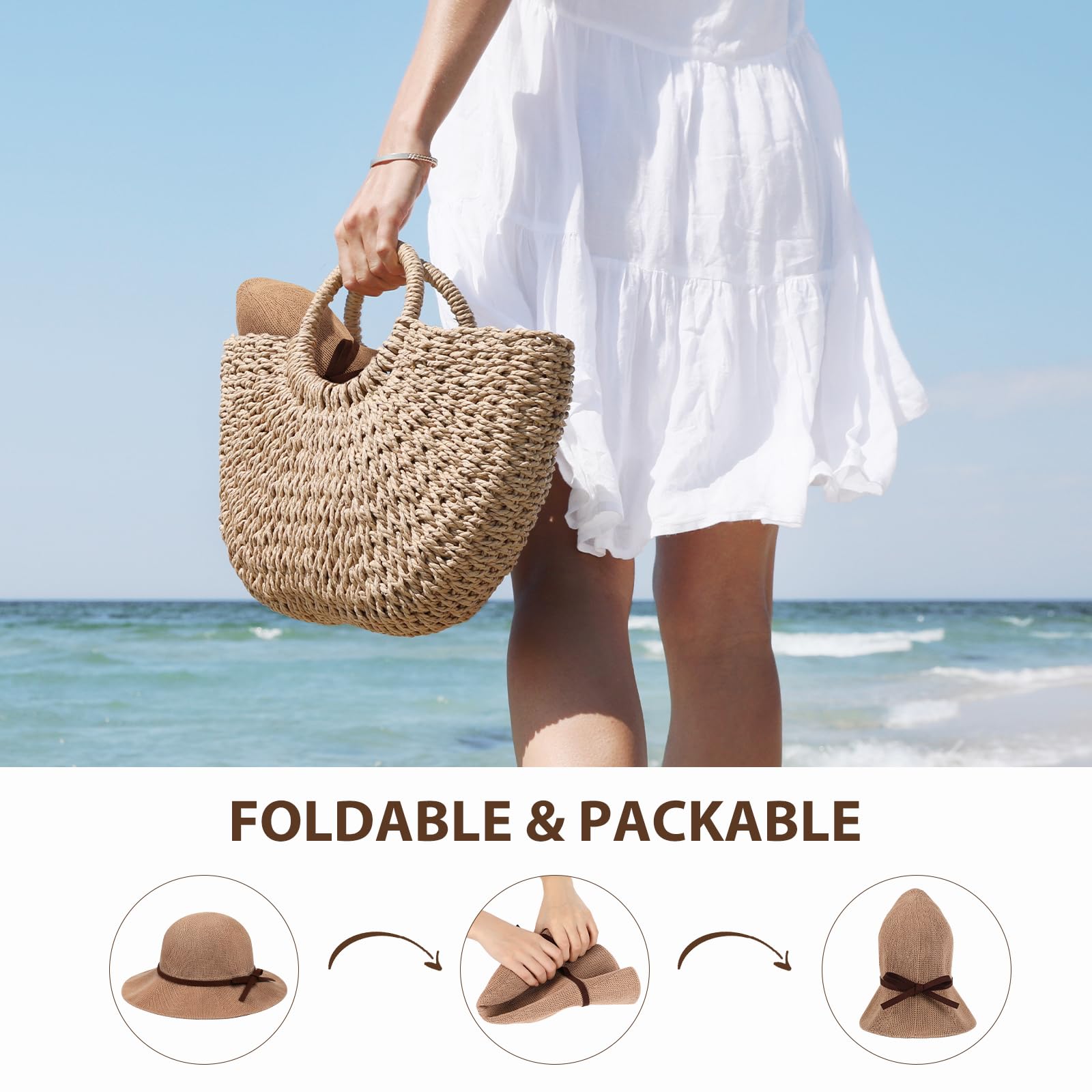 Sombreros de playa para mujer, protección solar UPF 50+, protección solar UV, sombrero tejido de ala ancha, plegable, plegable, de punto, Caqui, Talla única 6