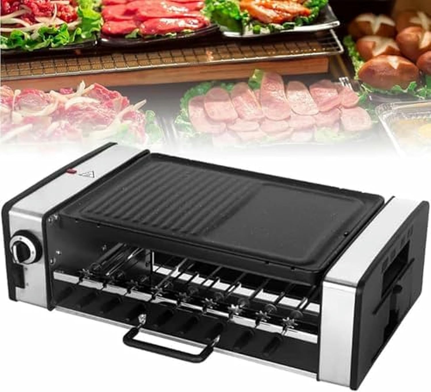 Double Layer Automatic Rotating Electric Grill, Smokeless BBQ Kebab Plate with Adjustable Temperature, Ideals for Kitchen, Party, and Camping, Easy to Clean