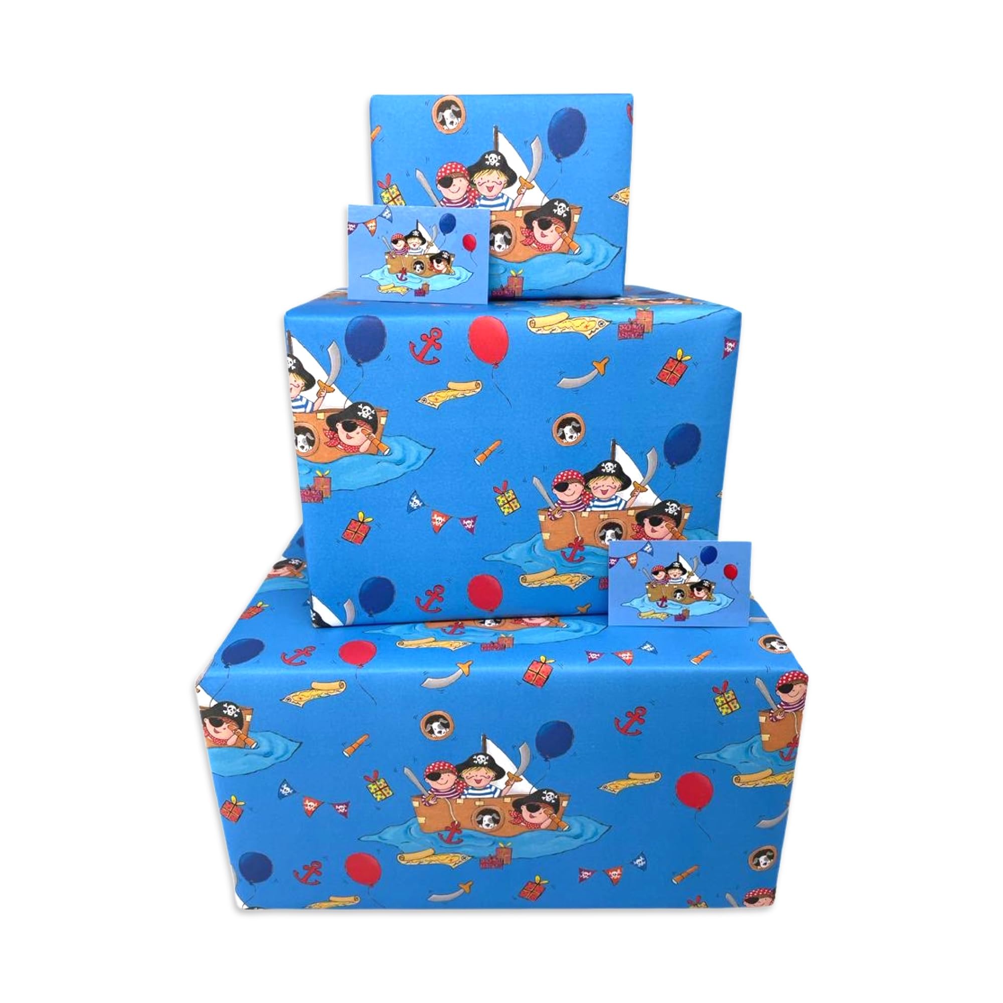 Twizler Boys Wrapping Paper - Blue Pirates - 6 Sheets & 6 Tags & Matching Card - 70cm x 50cm Folded Sheets - Cute Children's Happy Birthday Gift Wrap for Kids