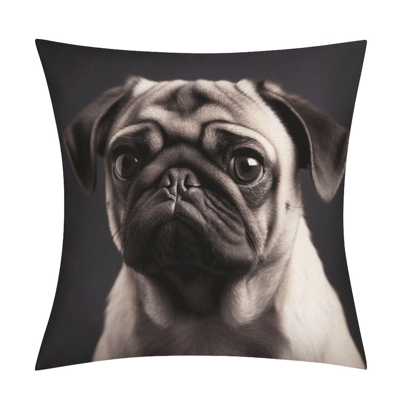 LZQPOEAS Pug Throw Pillow Covers, Waterproof Faux Linen Pillow Cases with Invisible Zipper, Decorative Square Cushion Covers for Sofa Couch Living Room Bedroom 18x18 Inch