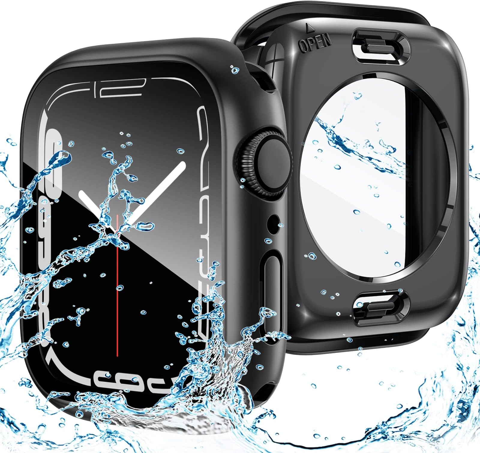 Goton 2 in 1 Waterproof Case for Apple Watch Series 7 45mm Screen Protector, 360 Protective Glass Face Cover Hard PC Bumper + Back Frame for iWatch 7 Accessories 45 mm, Black
