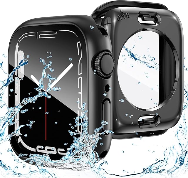 Goton 2 in 1 Waterproof Case for Apple Watch Series 8 & Series 7 45mm Screen Protector, 360 Protective Glass Face Cover Hard PC Bumper + Back Frame for iWatch 8/7 Accessories 45 mm, Black