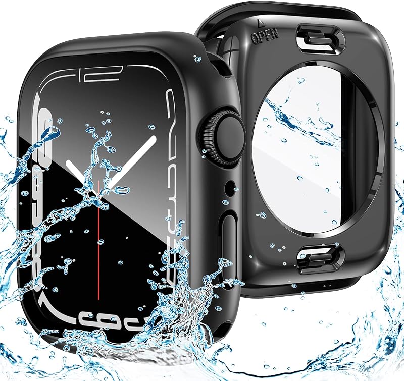 Goton Water-Resistant 45mm Case with Glass for Apple Watch Series 9/8/7 | PC Bumper Built-in Tempered Glass Screen Protector + PC Back Cover for iWatch, IP67 Waterproof & Anti-Fog, Sensitive Touch