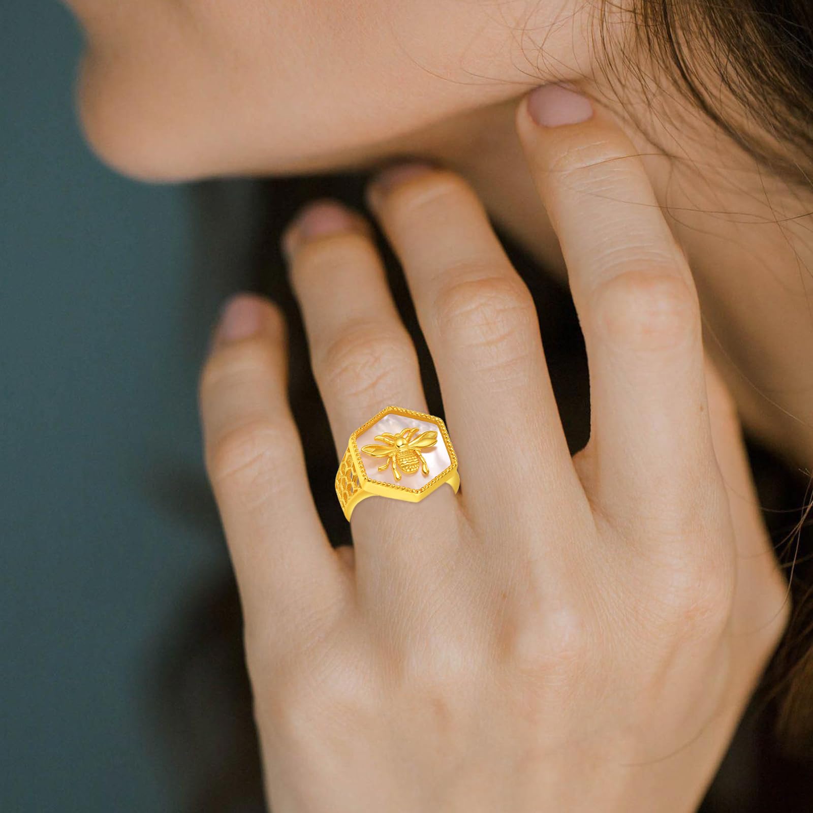praymos 925 Sterling Silver Bee Honeycomb Ring Gold Bee Ring Honey Bee Beehive Blessing Nature Meditation Stacking Ring Size 7 - Image 4