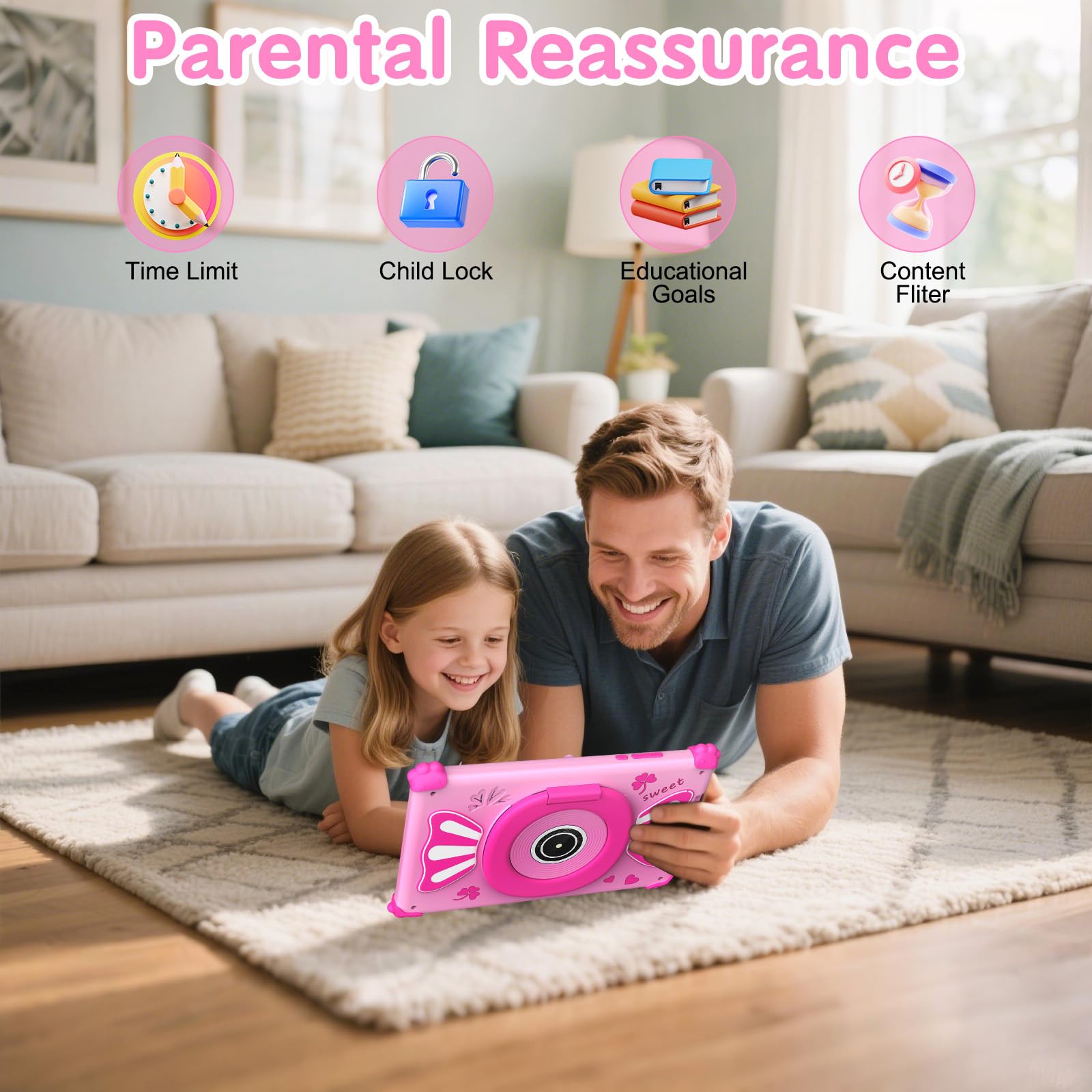ascrecem Tablet Niños 7 Pulgadas Android 15 Tablet para Niños con 2.4G+5G WiFi6 Penta Core 6GB RAM 32GB ROM Tableta Infantil Doble Cámara 128GB Expandible Control Parental Juegos Educativos (Rosa)
