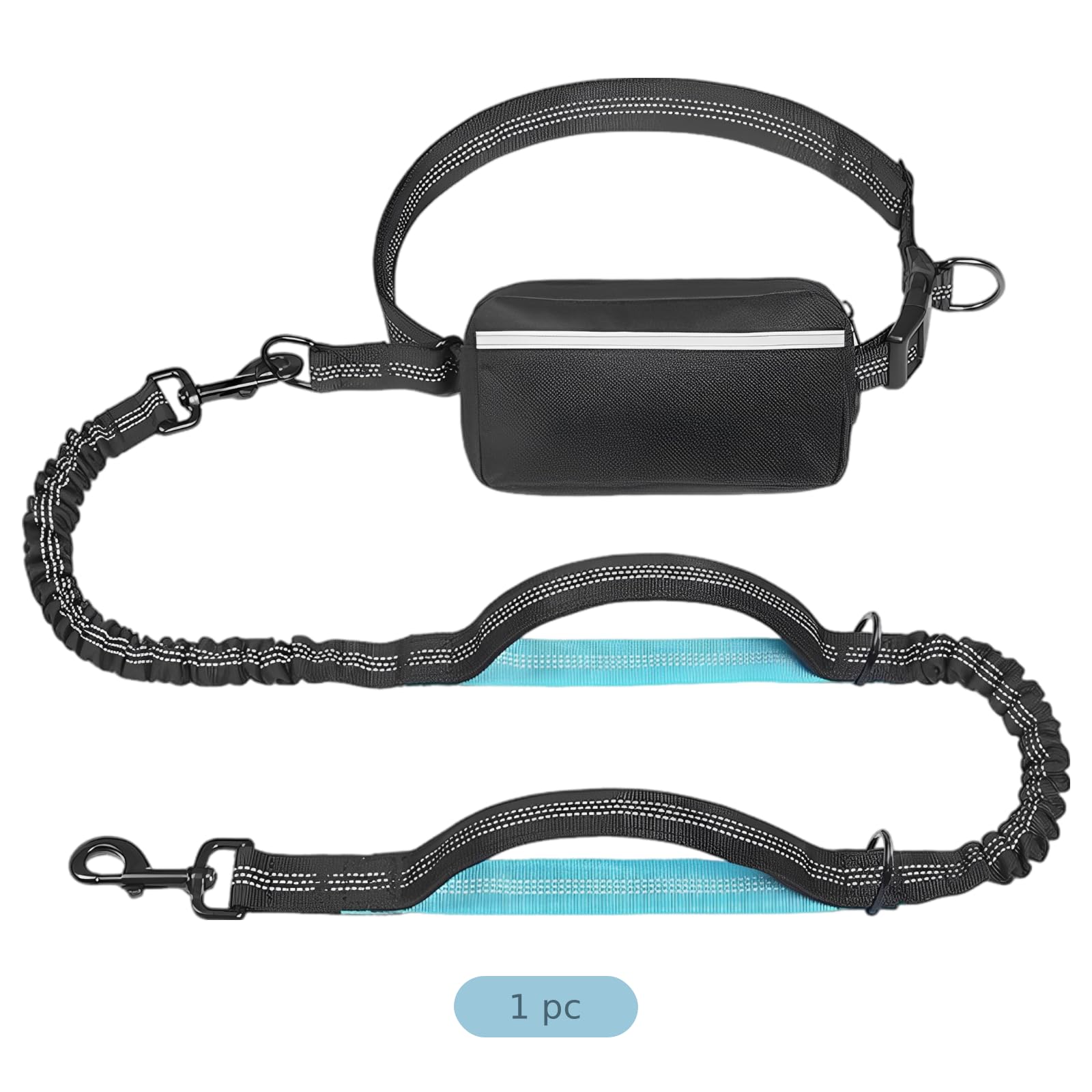 Laisse Mains Libres pour Chien avec Double Anneau en D, Poche zippée, Double Cordons élastiques, Ceinture réglable 125 à 195 cm, Coutures réfléchissantes, verrou pour Course et entraînement