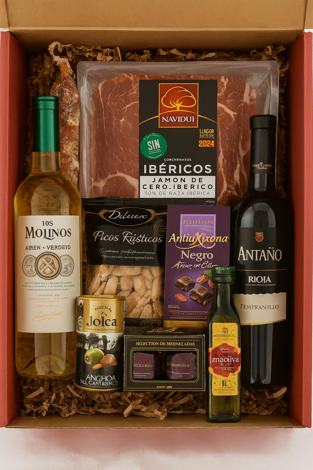FAMILYCOM. Cesta Gourmet para regalar. Surtido con Chocolates originales de regalo. Lote de embutidos, Paleta de Cebo, Longaniza Payes y Conservas, Vinos, Aceite de Oliva y Picos gourmet.