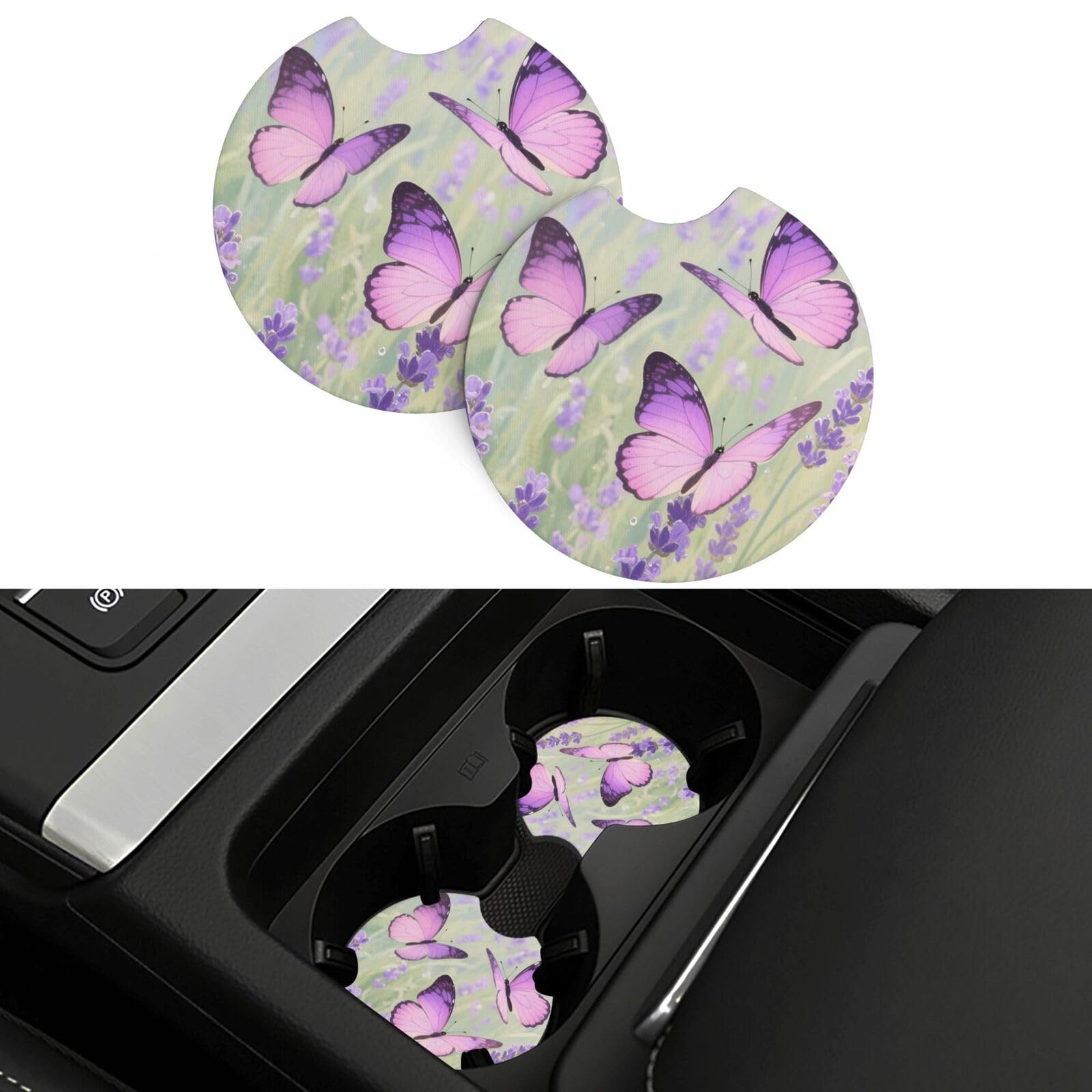 2 Pack Car Coasters,2.7" Universal Car Cup Holder Coasters Non-Slip Neoprene Cup Pad Mat Coaster Car Interior Accessories for Women Men Butterfly