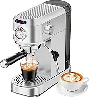 Máquina de café expresso compacta com 20 barras, máquina de café expresso de aço inoxidável com espumador de leite a vapor e tanque de água removível de 1000 ml para latte doméstico