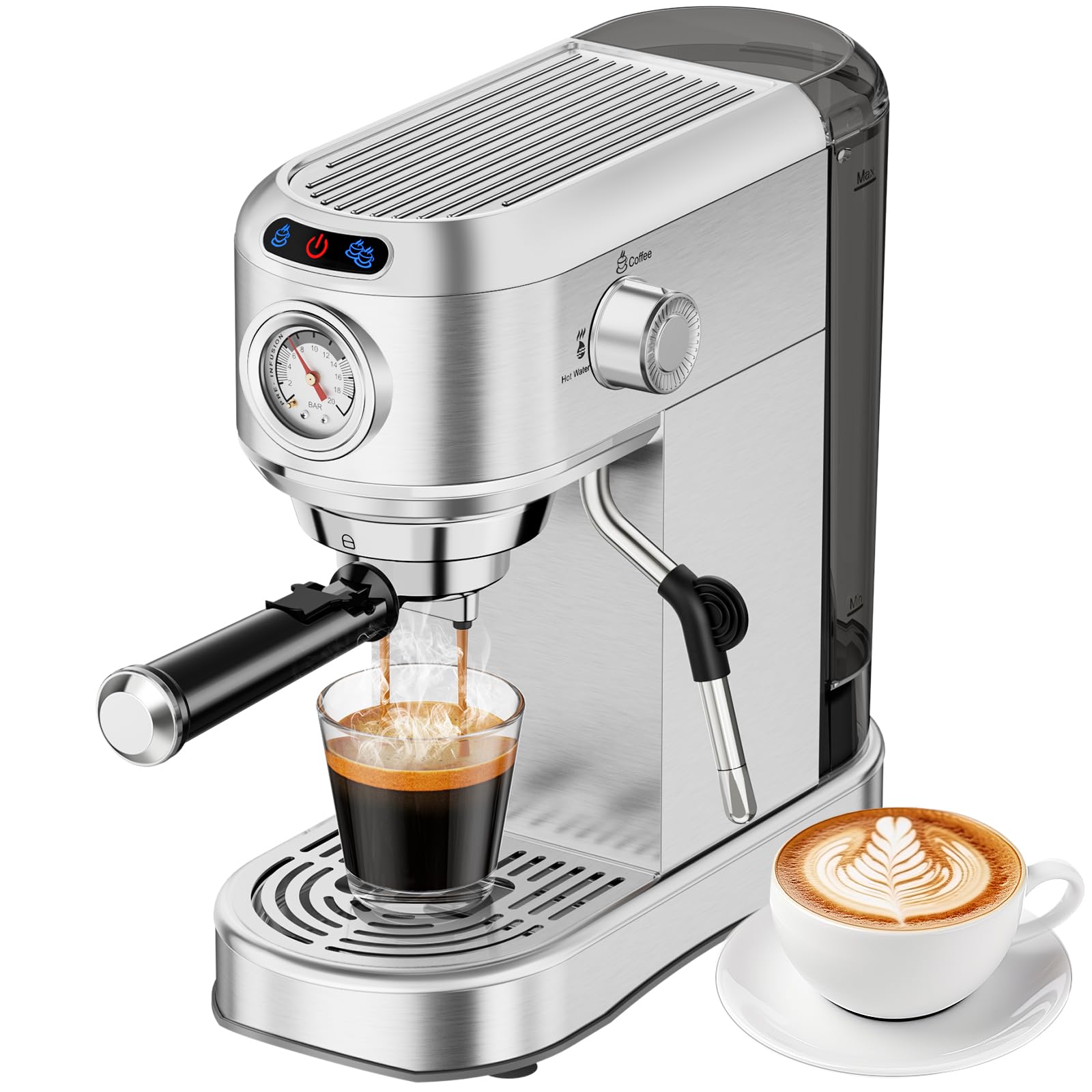 Espresso Machine 20 Bar, Compact Espresso Maker, Stainless Steel Professional Expresso Coffee Machines with Steam Milk Frother & 34oz Removable Water Tank for Home & Office, Latte, Cappuccino, Silver