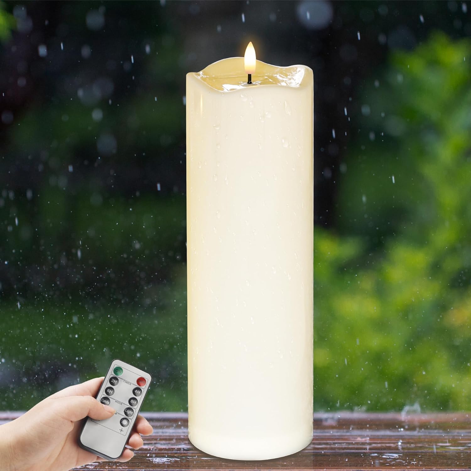 4" x12" outdoor waterproof candles with timer, large pillar candles battery operated, plastic tall flameless candles for garden patio porch home party, ivory 1pack ivory 12"