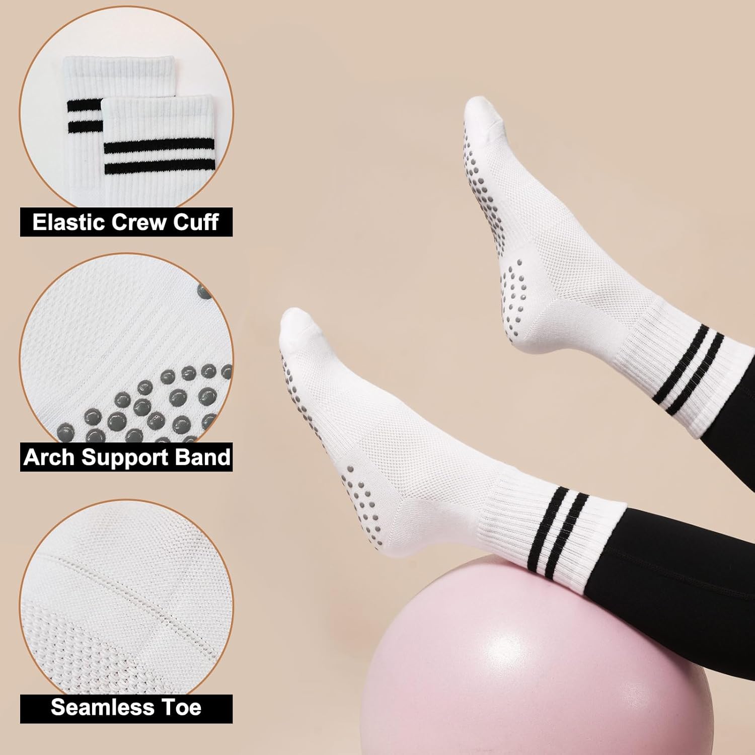 Grip Pilates Crew Socks for Women, Non Slip Yoga Socks with Grips for Barre Hospital Grippy Sticky Sock - Image 5