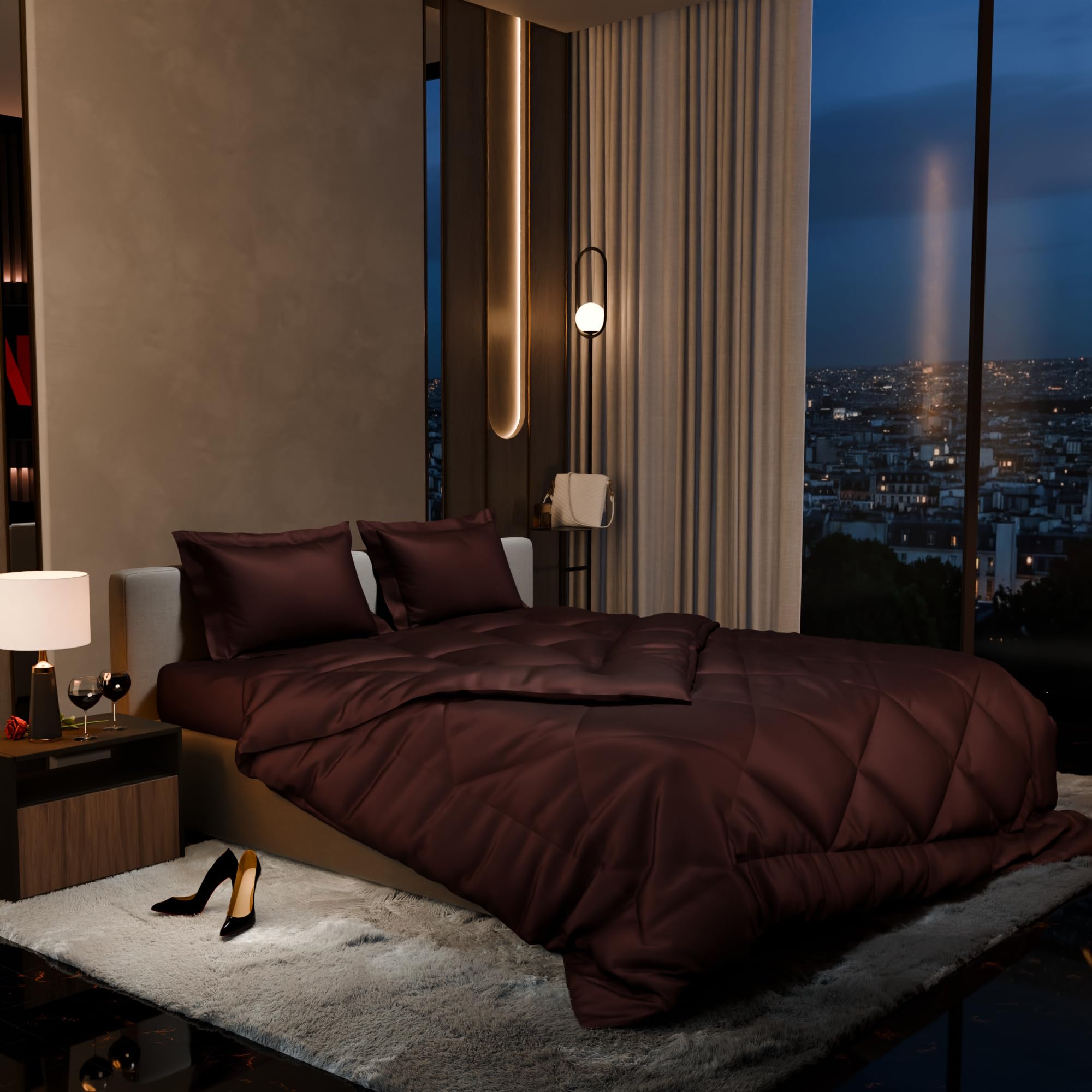 Stoa Paris 300 Tc Satin Comforter Set Double Bed with Satin Bedsheet & Pillow Covers, Complete Bedding Set, Ideal Gifts for Couples, Bedroom Home Furnishing, Date Night Collection - Hot Chocolate