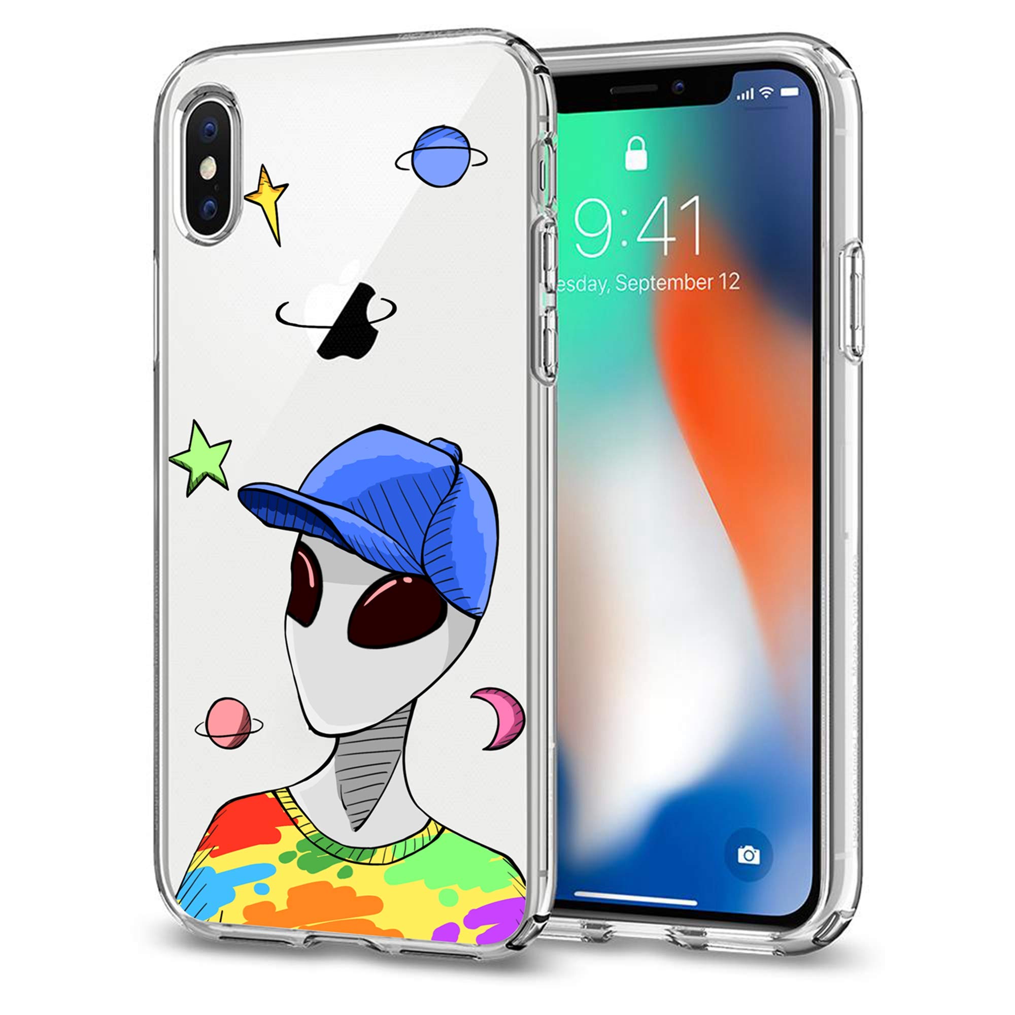 Cocomong Case for iPhone X XS 5.8 Inch Clear Design Cute Alien Patterned Phone Cover for iPhone X iPhone Xs Alien Design Flexible TPU Protective Shockproof Anti-Drop Scratch Bumper for Women Men Girls