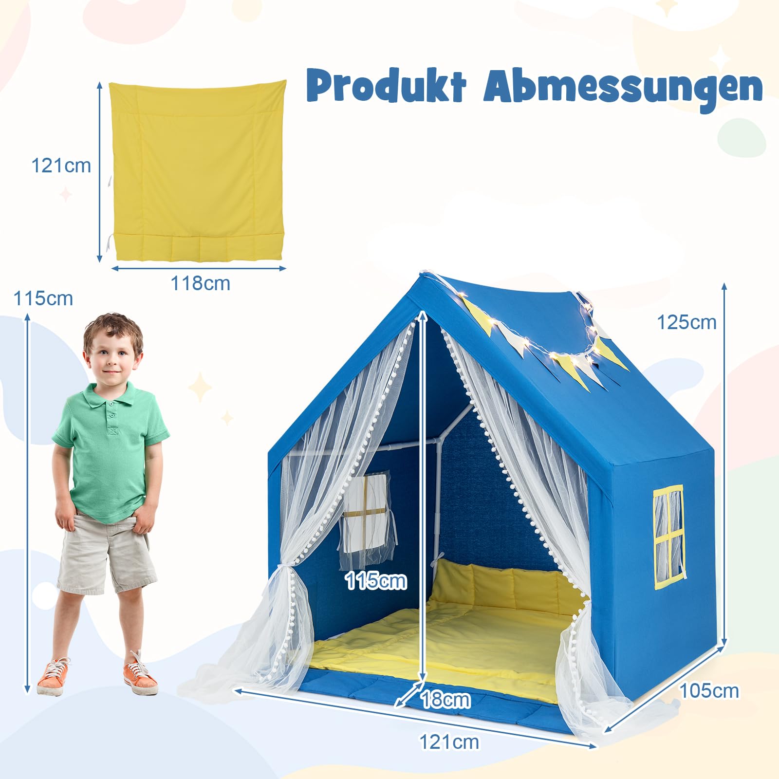 DREAMADE Kinderzelt für Drinnen mit Matte und Lichtern und Flaggenbanner, Kinder Spielhaus Indoor mit Vorhang & Fenstern, Tipi Zelt, Spielzelt für Jungen und Mädchen 121 x 105 x 125 cm (Blau)