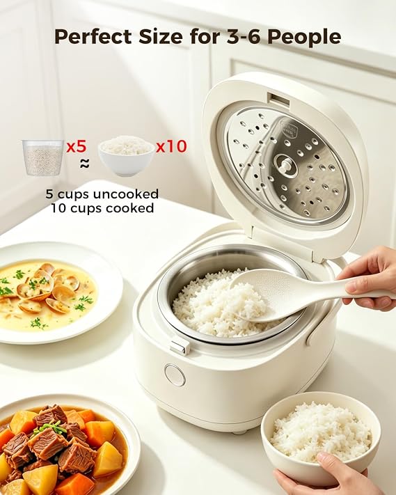 Novaspark Stainless Steel Rice Cooker Small 5 Cup (Uncooked) / 10-Cup (Cooked) with Stainless Steel Inner Pot, Compact Mini Rice Cooker Small Kitchen, Low Carb Rice Maker, 24H Timer and Auto Keep Warm