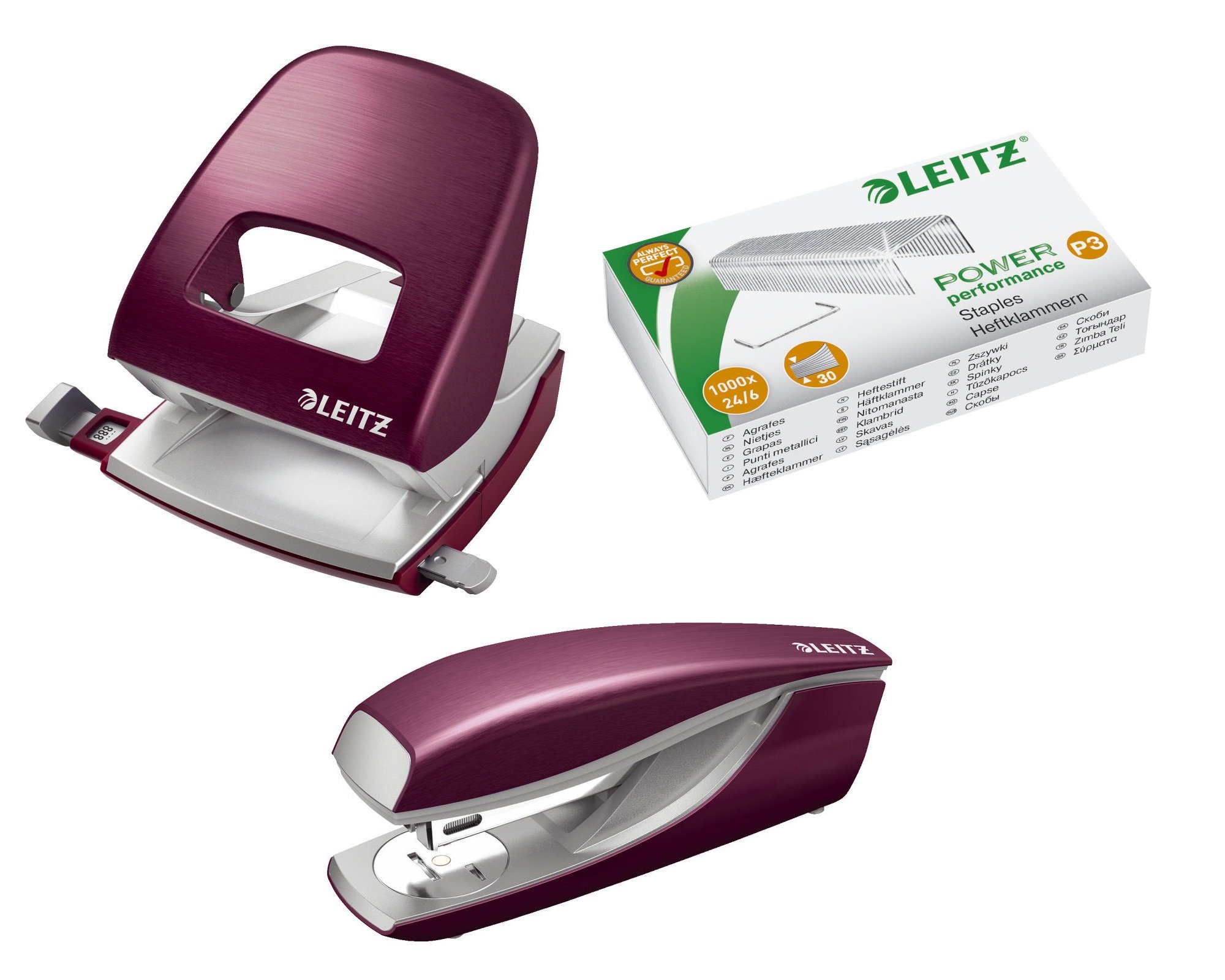 Büro Schreibtisch Set Leitz NeXXt Style granat rot Locher 5006, Heftgerät 5562, Heftklammern 5570