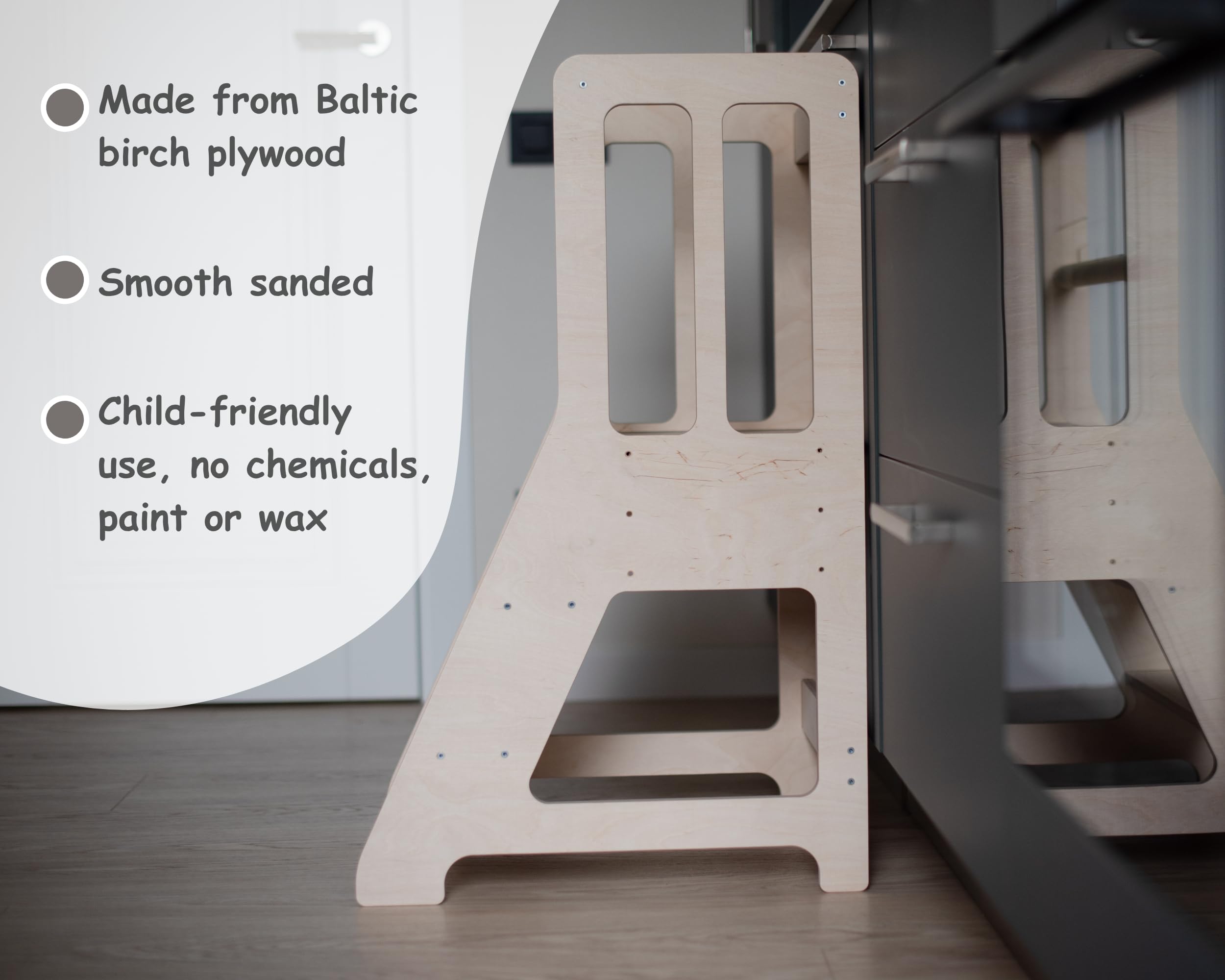 Montessori - Torre de aprendizaje para niños pequeños, taburete de cocina ajustable de 3 niveles, madera contrachapada de abedul báltico, no tóxica, barra de seguridad extraíble, torre