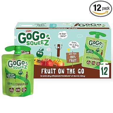 GoGo squeeZ Applesauce and Fruit Puree, Apple Cinnamon, 3.2 oz (Pack of 12), Unsweetened Fruit Snacks for Kids, Gluten Free, Nut Free and Dairy Free, Recloseable Cap, BPA Free Pouches