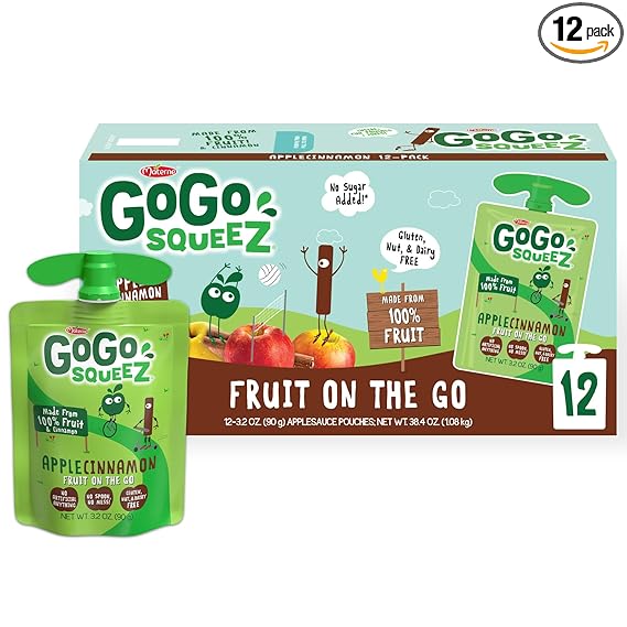 GoGo squeeZ Applesauce and Fruit Puree, Apple Cinnamon, 3.2 oz (Pack of 12), Unsweetened Fruit Snacks for Kids, Gluten Free, Nut Free and Dairy Free, Recloseable Cap, BPA Free Pouches